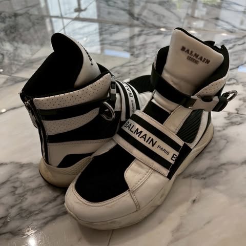 BALMAIN EXTON Logo Tape High Cut Sneakers Size 45U バルマン エクストン ロゴタイプ磁気テープ ハイカットスニーカー シューズ ジップアップスニーカー ロゴタイプ磁気テープ ロゴタイプ目じるし思われ人 白いこと大きさ45U【250919】【中古-B】