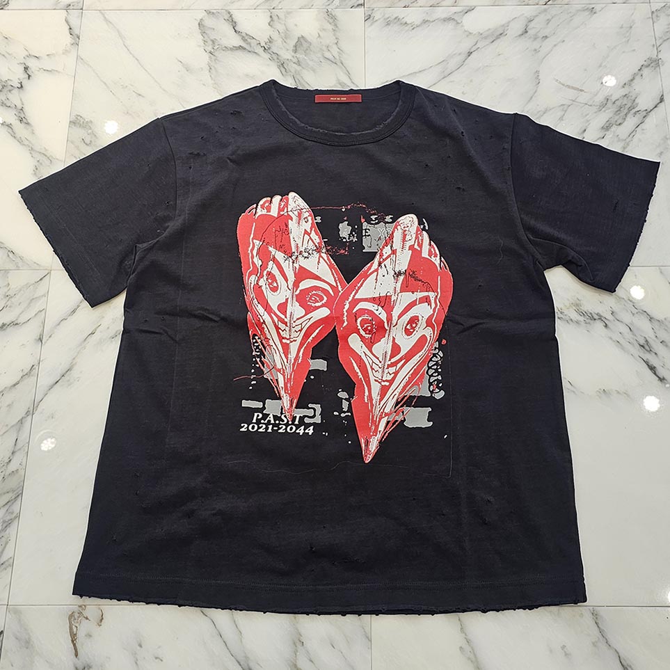 PAST AD 2000 \"P.A.S.T 2021-2044\"" Damage Heart Tee Size M パスト AD 2000 \""パスト 2021-2044\"" 不都合 ハート形 プルオーバー 半袖カットソー 不都合製作 ヴィンテージ製作 小間絵刷り上げる 黒いこと 大きさM【250831】【新古品】"
