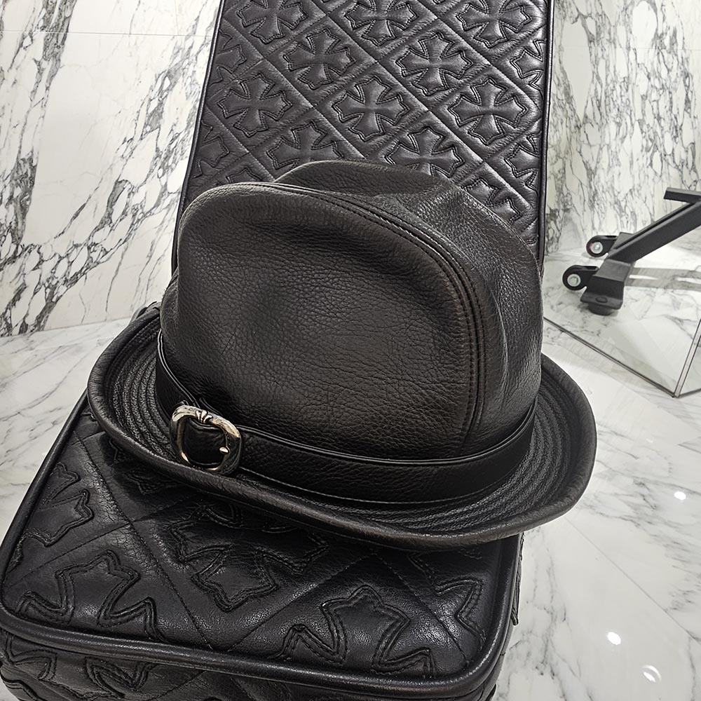 CHROME HEARTS FEDRA Leather Bucket Hat Size M クロムハーツ フェドラ なめし革 井戸釣瓶かぶり笠 鳥打ち帽 BS太陽フレア ガンスリンガー なめし革かぶり笠 カーフスキン しろがね色925 黒いこと 大きさM【251119】【中古-A】
