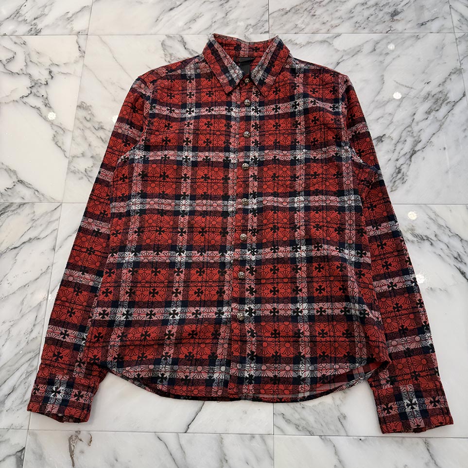 クロムハーツ　レザーワッペン　チェックシャツ CHROME HEARTS Loose Ends Cross Leather Patch Check Shirt Size S