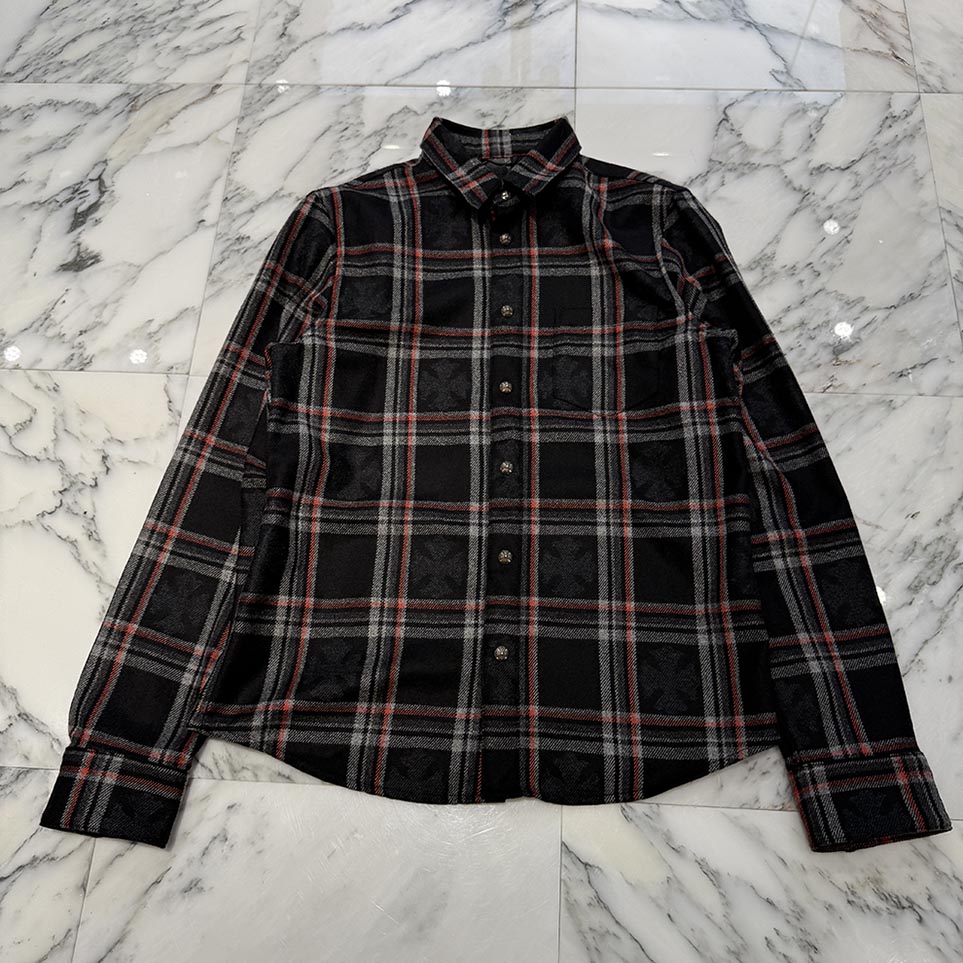 CHROME HEARTS 2025SS Y NOT Cross Ball Button Cashmere Check Shirt Size M クロムハーツ ワイ航空マイル クロスボールボタン カシミール 照合のしるしプルオーバー トップ カシミール原料品 袖はりつけ台継ぎ切れ なめし革 CHつけ加える刷り上げる 黒いこと×赤いこと×薄墨色 大きさM【251127】【新古品】
