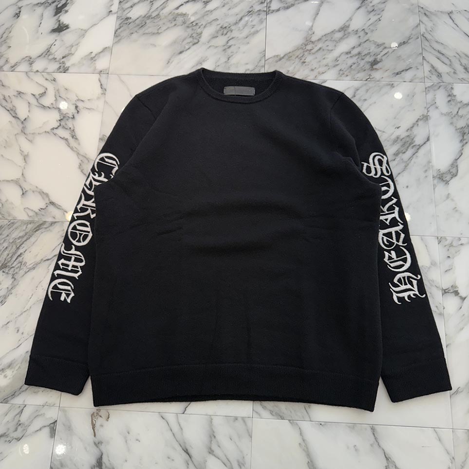 CHROME HEARTS Y NOT Floral Cross Embroidery Crew Neck Cashmere Knit Sweater Size XXL クロムハーツ ワイ航空マイル フローラルクロス クルーネックカシミヤニットセーター ティーシャツ 編み物 袖刷り上げる カシミール原料品 黒いこと×白いこと 大いさXXL【251130】【中古-A】