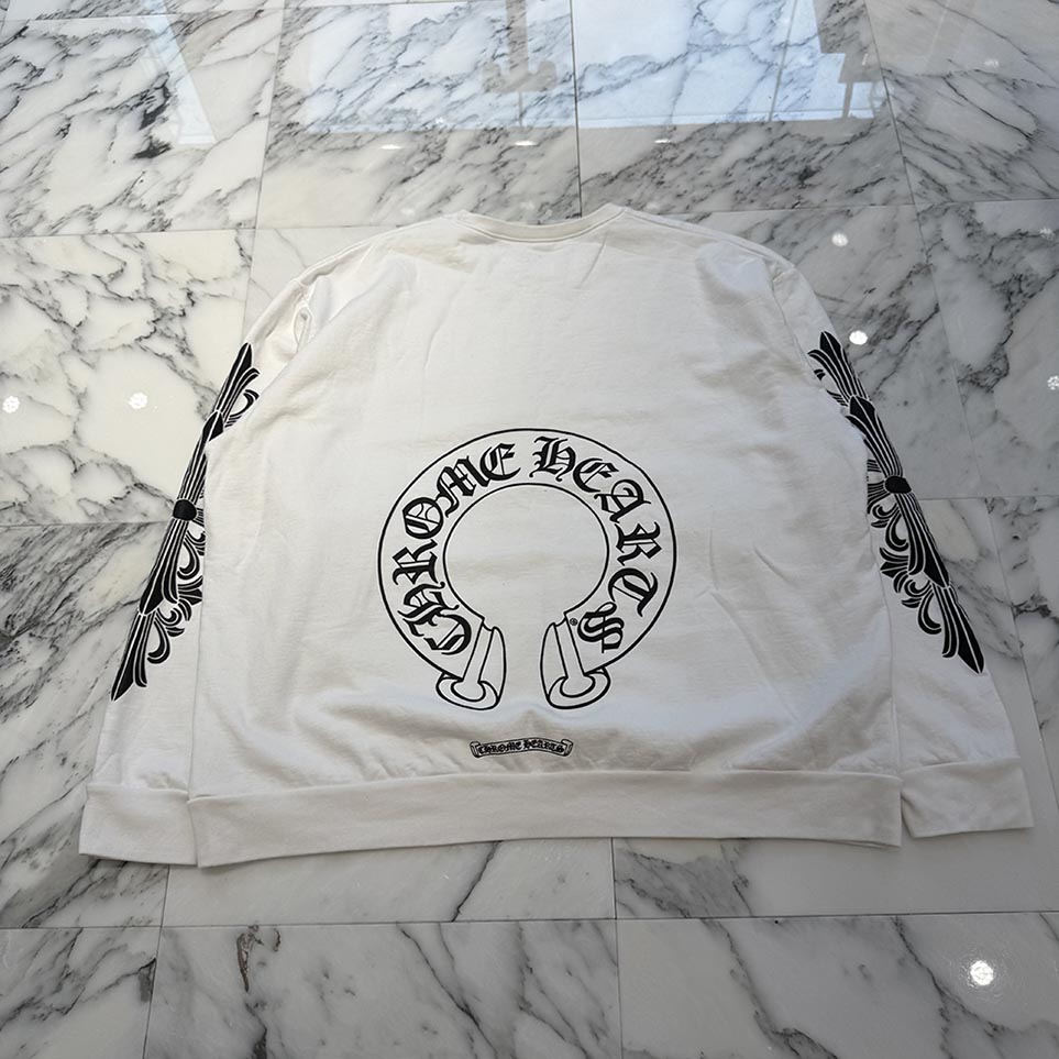 CHROME HEARTS Floral Cross Horseshoe Crewneck Sweat Shirts Size XL クロムハーツ フローラルクロス 馬沓 労働者の一団のど首 トレイナー 調教師 袖刷り上げる スクロールロゴタイプ 白いこと 大きさXL【251019】【中古-B】