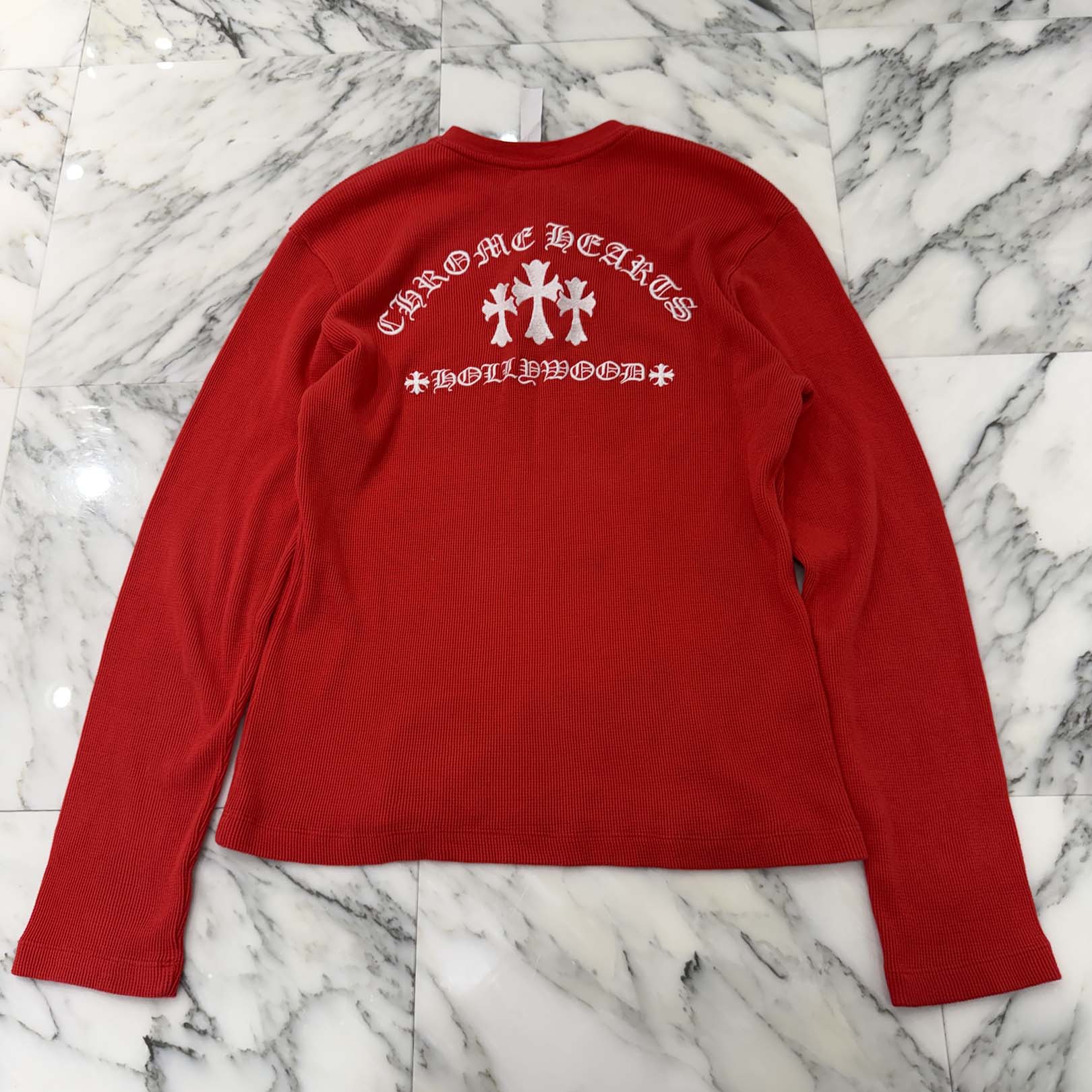 CHROME HEARTS Y NOT King Taco 3 Cemetery Cross Embroidery Thermal Henry Neck Long Sleeve Tee Size L クロムハ―ツ ワイ航空マイル 第一人者タコ 3セメタリークロス刺しゅう サーマルヘンリーネック ロング衣袂ティーシャツ  赤いこと×白いこと 大きさL【260228】【中古-B】