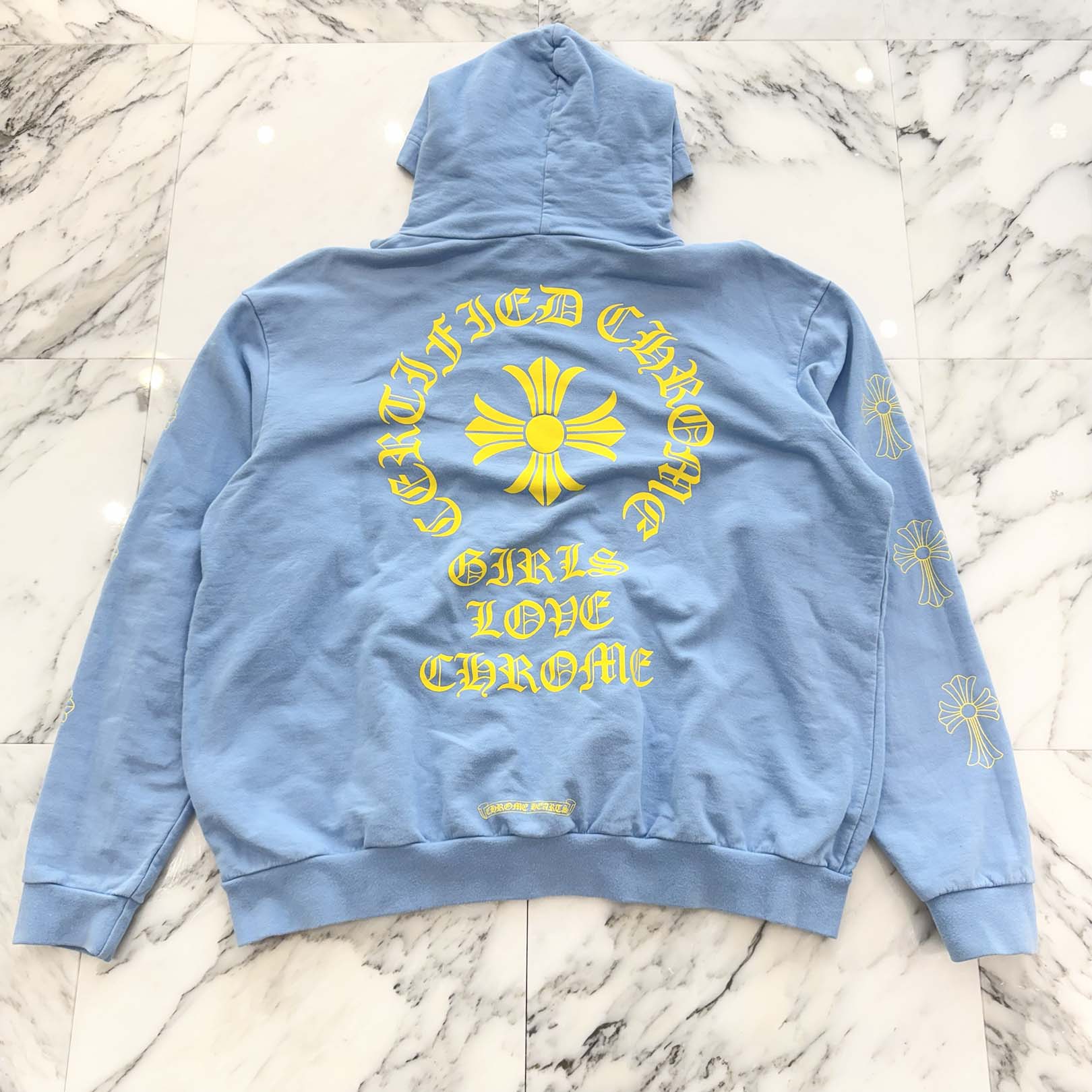 CHROME HEARTS × DRAKE 2021SS Certified Lover Boy Pullover Hoodie Size XL  クロムハーツ × ド湖水 サーティファイド 天然ゴム男の子 プルオーバーフーディ プルオーバーパーカーコラボパーカー ノッカー 袖はりつけ台 点火装置青碧×黄色 大きさXL【260310】【中古-B】
