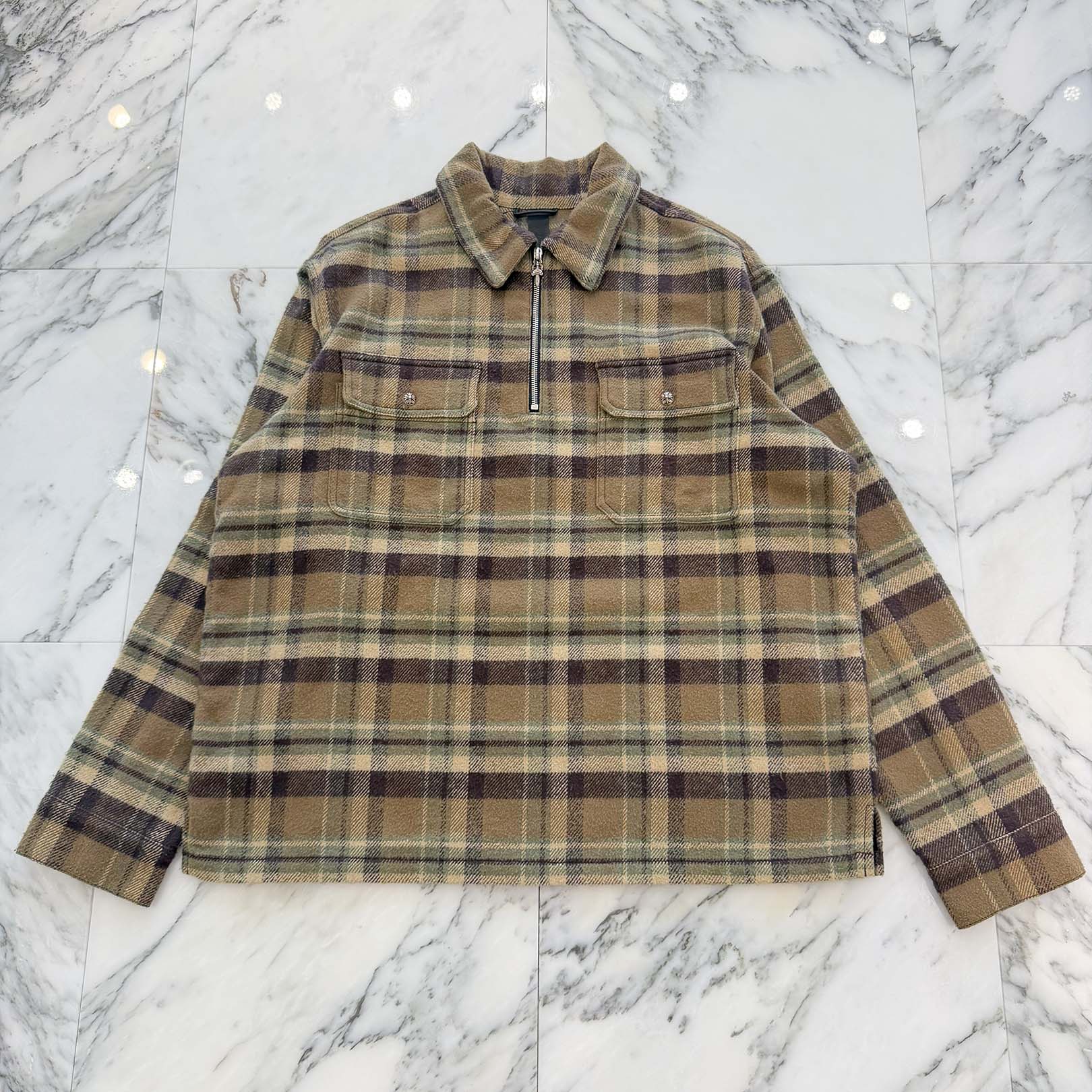 CHROME HEARTS Y NOT UNDER DOG Half Zip Pullover Check Shirt Size L クロムハーツ ワイ航空マイル アンダードッグ ハーフジップ プルオーバーチェックシャツ ダガージップ クロスボールボタン 読み合わせる柄 赤銅色×緑であること×ベージュ 大きさL【260314】【中古-A】