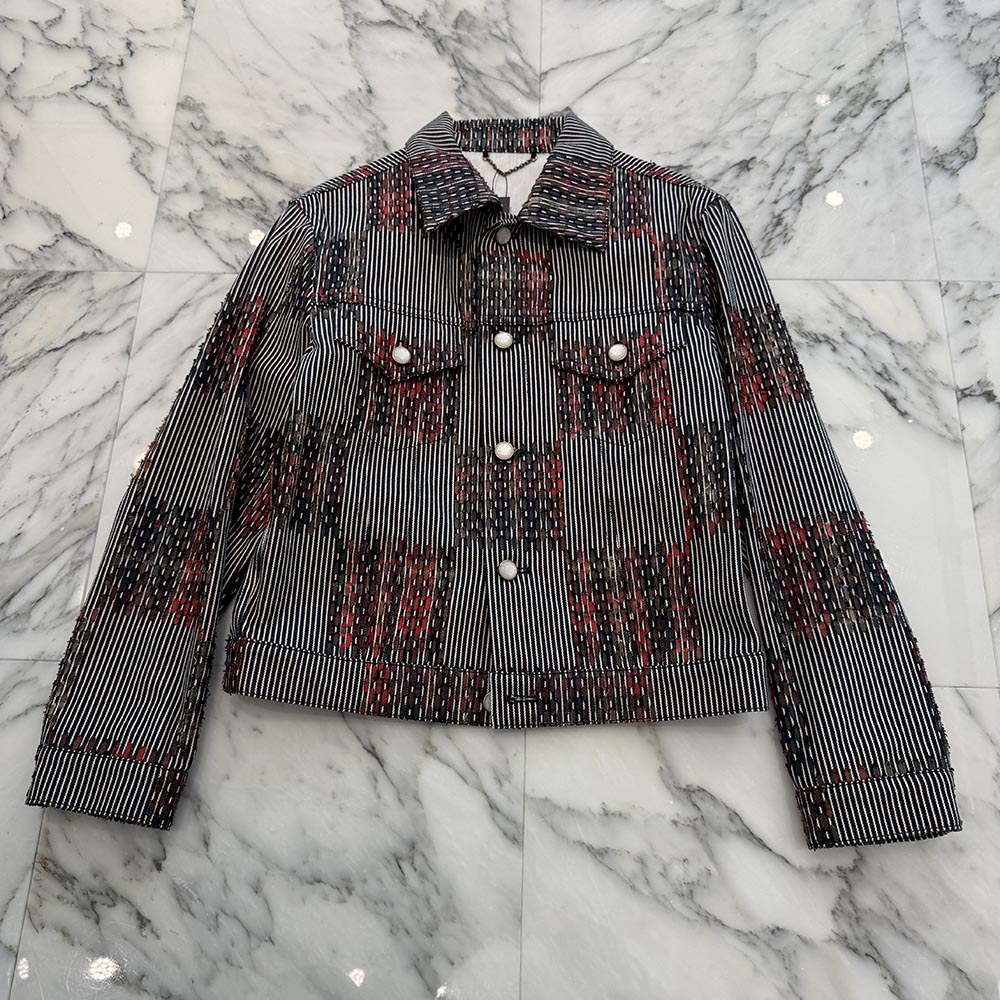 LOUIS VUITTON 2021SS Hickory Damier Denim Jacket HRA76W Size 46  ルイヴィトン ヒッコリー ダミエデニムジャケット Gジャン モノグラム総柄 縞模様 ロゴタイプ目じるし名取り草 米国海軍×白いこと×マルチ色つや 大きさ46【260316】【中古-A】