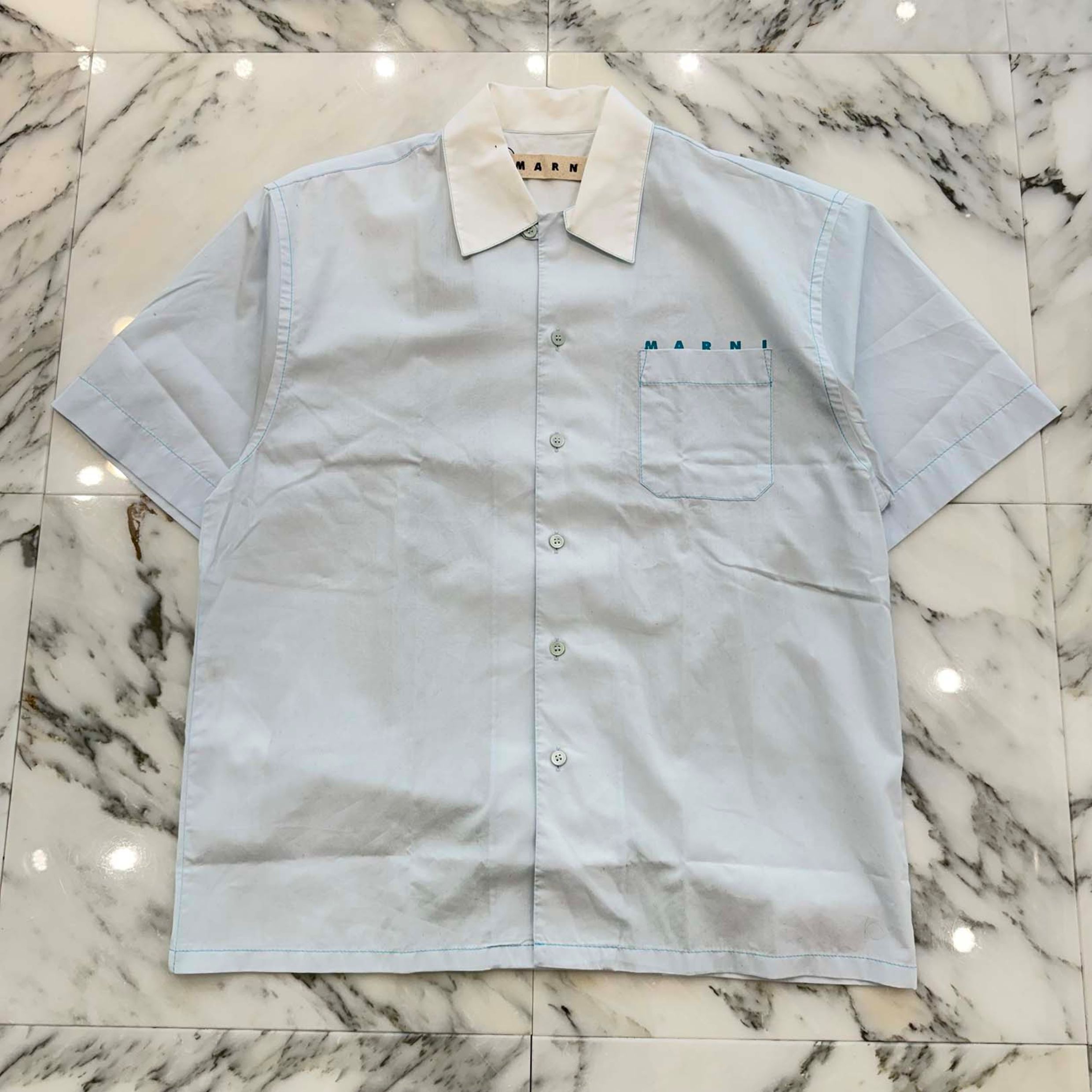 MARNI 2021SS Cotton Poplin Open Collar Short Sleeve Shirt CUMU0213P2 USCS57 Size 46 マルニ コットンポプリン オープンカラー ショートスリーブシャツ 半袖シャツ 襟シャツ ブラウス ロゴプリント ライトブルー サイズ46【260321】【中古-A】