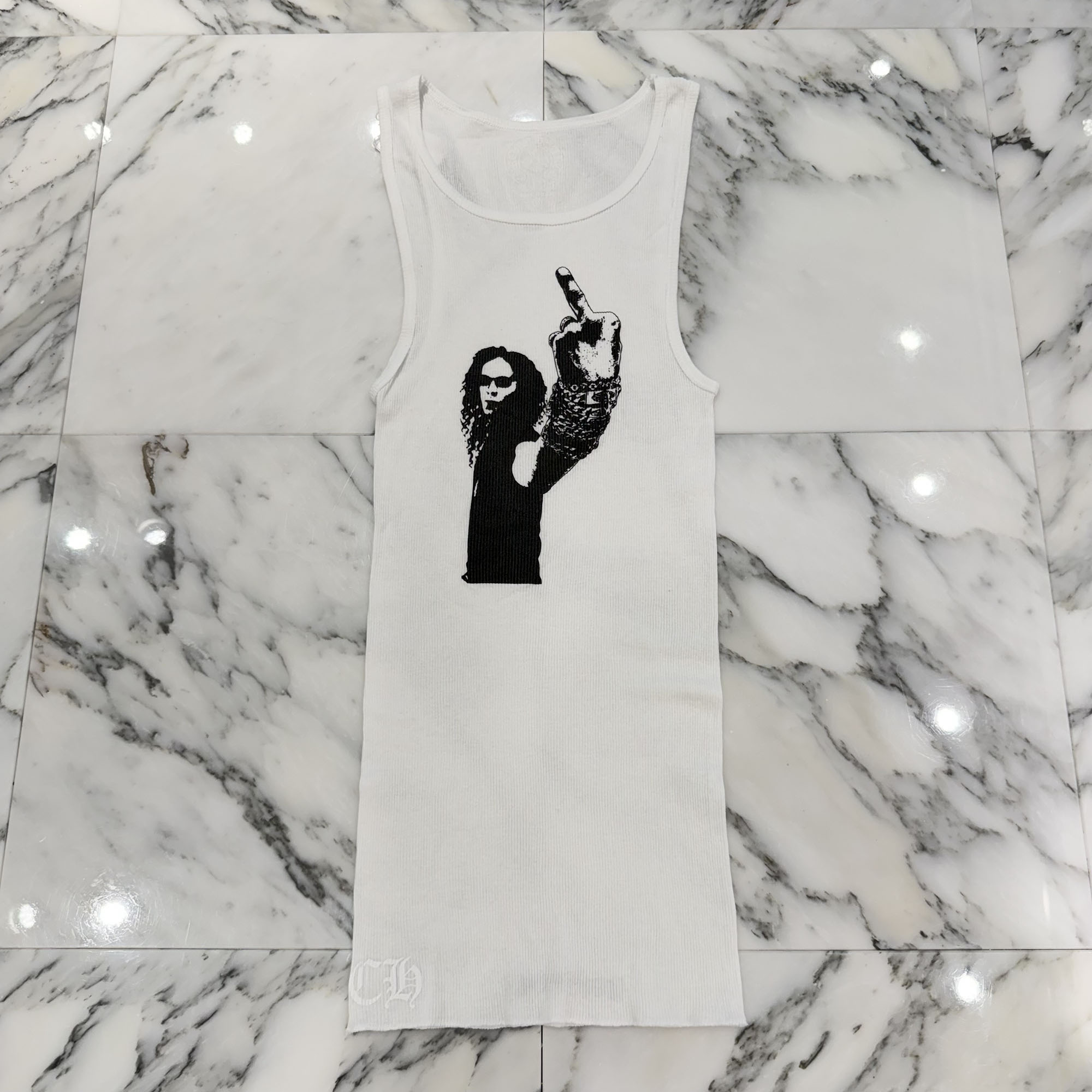 CHROME HEARTS Richard Stark Print Tank Top Size M クロムハーツ リチャード・スターク 刷り上げる 貯蔵タンクとっ始め スクロールロゴタイプ ロング丈 白いこと×黒いこと 大きさM【260516】【新古品】