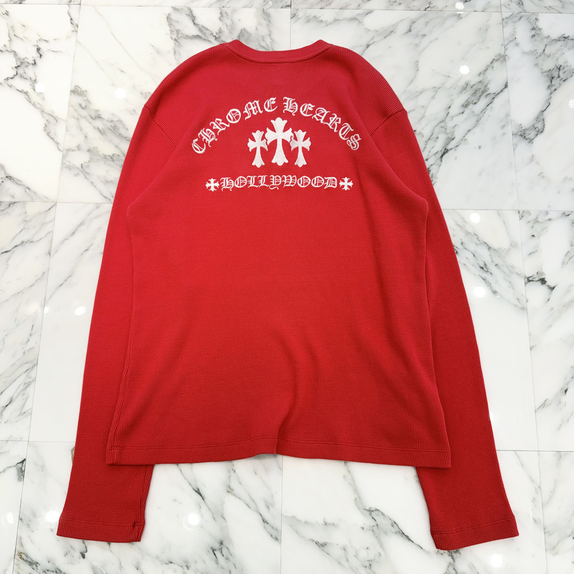 CHROME HEARTS Y NOT King Taco 3 Cemetery Cross Embroidery Thermal Henry Neck Long Sleeve Tee Size XL クロムハ―ツ ワイ航空マイル 第一人者タコ 3セメタリークロス刺しゅう サーマルヘンリーネック ロング衣袂ティーシャツ  赤いこと×白いこと 大いさXL【260410】【新古品】