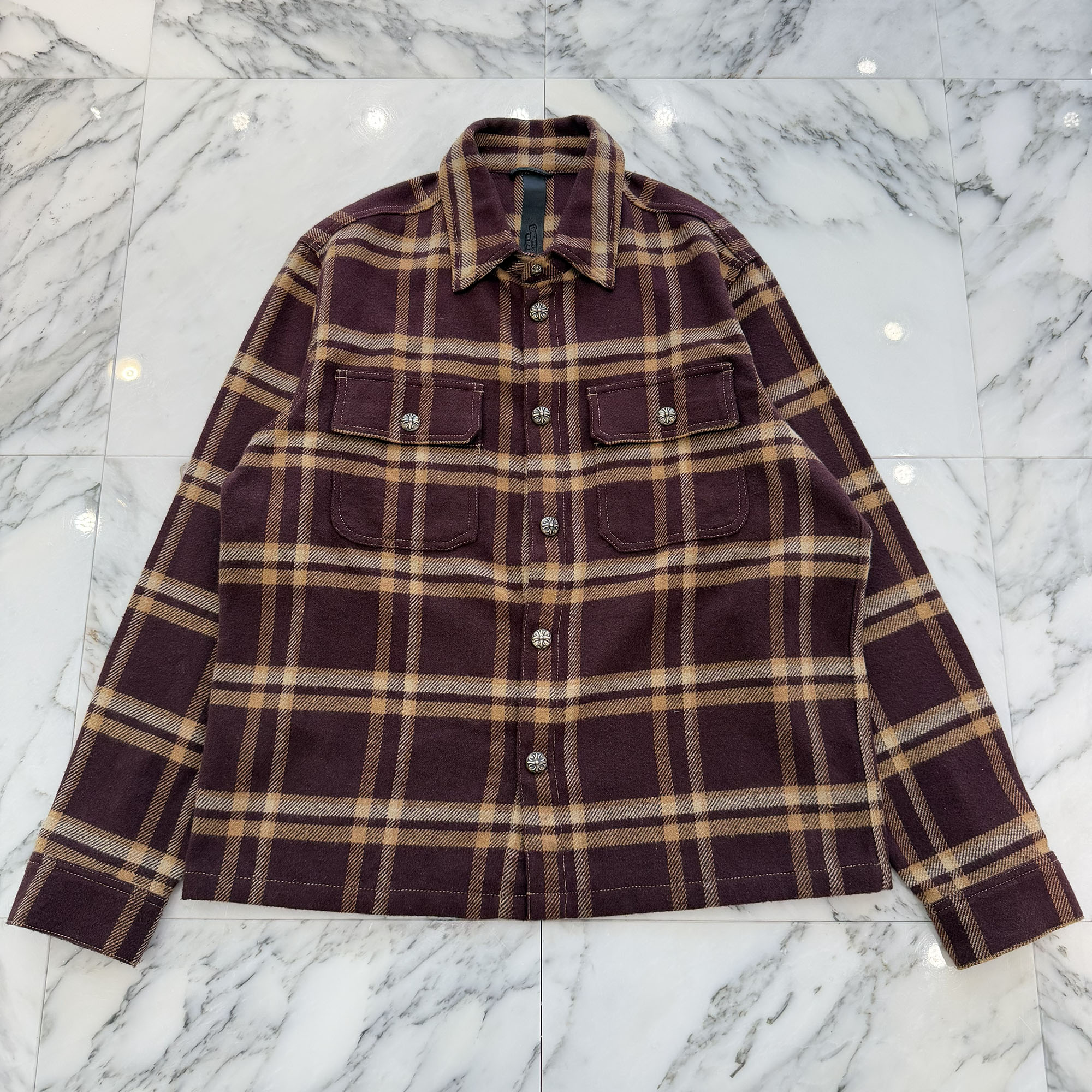 CHROME HEARTS Y NOT WORK DOG Flannel Check Shirt Size L クロムハーツ ワイ航空マイル ワークドッグ 綿ネル 照合のしるし プルオーバー クロスボールボタン CHつけ加える ベージュ×赤銅色 大きさL【260416】【中古-A】