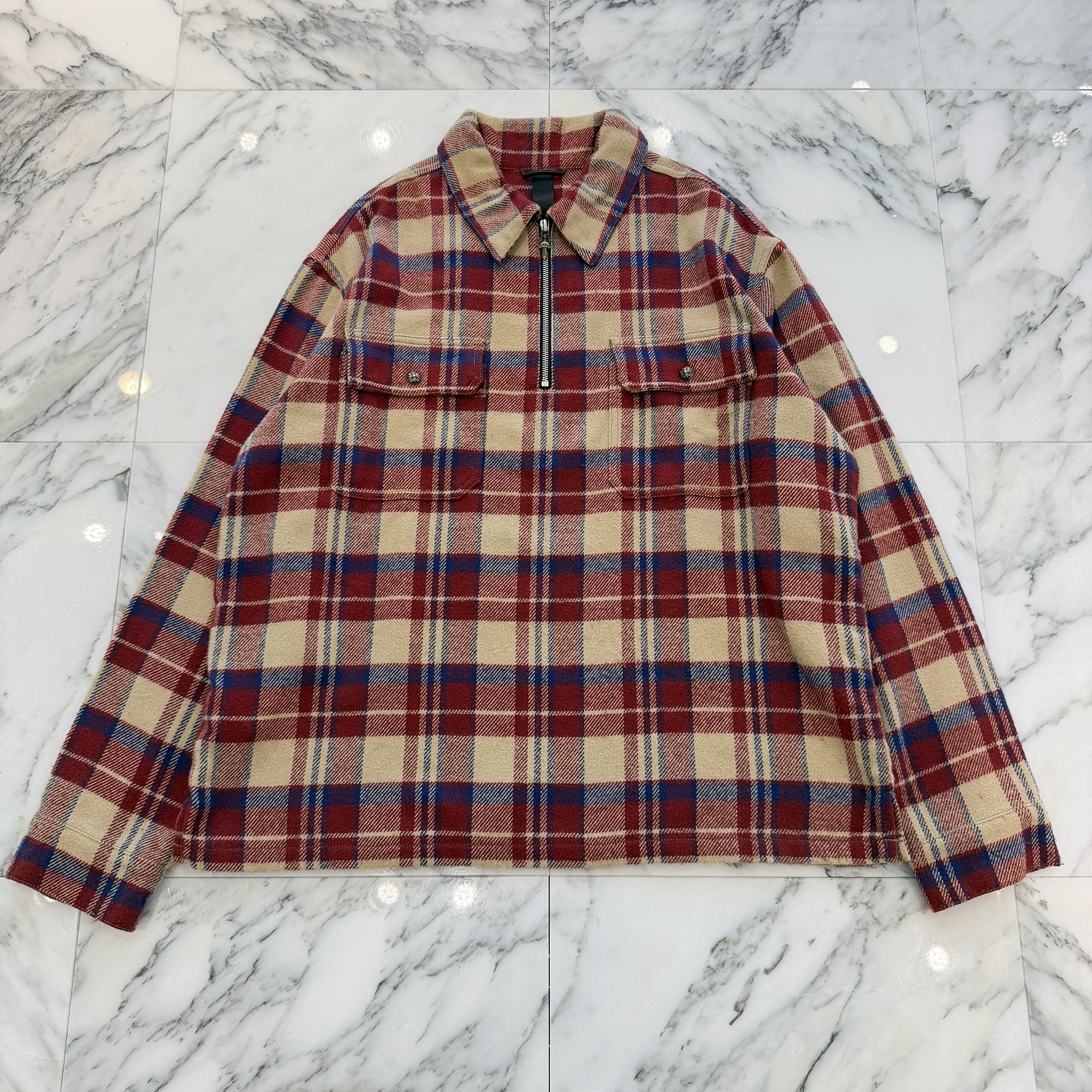 CHROME HEARTS Y NOT UNDER DOG Half Zip Pullover Check Shirt Size L クロムハーツ ワイ航空マイル アンダードッグ ハーフジップ プルオーバーチェックシャツ ダガージップ クロスボールボタン 照合のしるし柄 ベージュ×赤いこと×青碧 大きさL【260416】【中古-A】