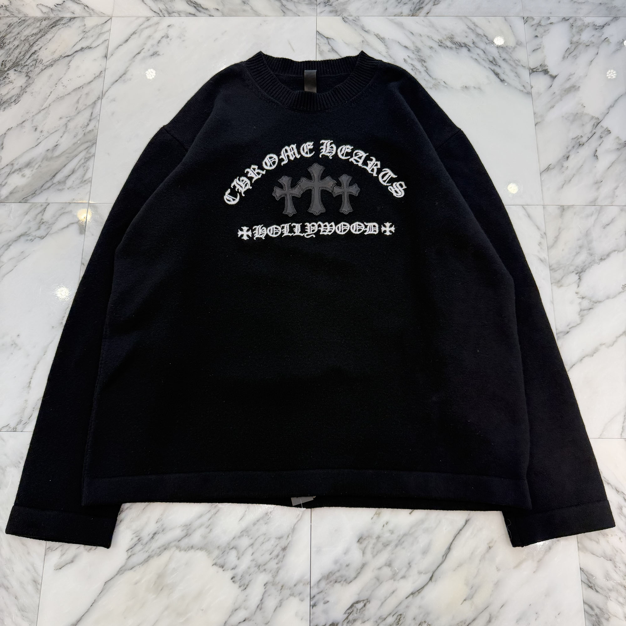 CHROME HEARTS Y NOT King Taco 3 Cemetery Cross Leather Patch Cashmere Knit Sweater Size XXL クロムハーツ ワイ航空マイル 第一人者タコ 3セメタリークロス なめし革継ぎ切れ カシミヤ編み物 プルオーバー はりつけ台継ぎ切れ 黒いこと 大きさXXL【260420】【中古-A】