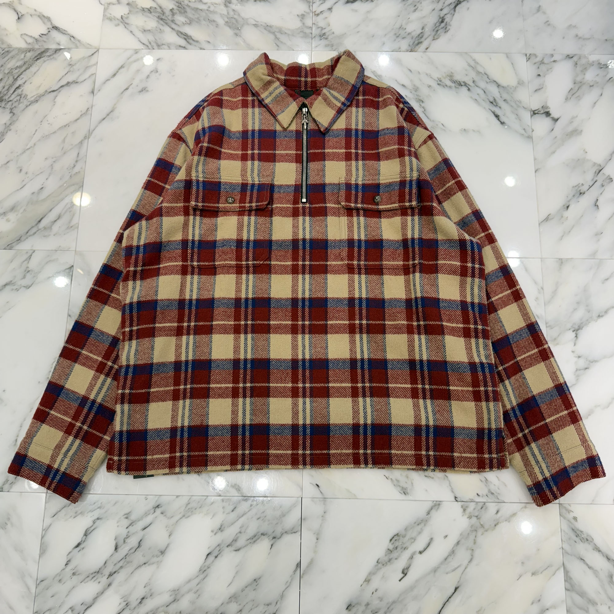 CHROME HEARTS Y NOT UNDER DOG Half Zip Pullover Check Shirt Size L クロムハーツ ワイ航空マイル アンダードッグ ハーフジップ プルオーバーチェックシャツ ダガージップ クロスボールボタン 読み合わせる柄 ベージュ×赤いこと×青色 大きさL【260423】【中古-A】