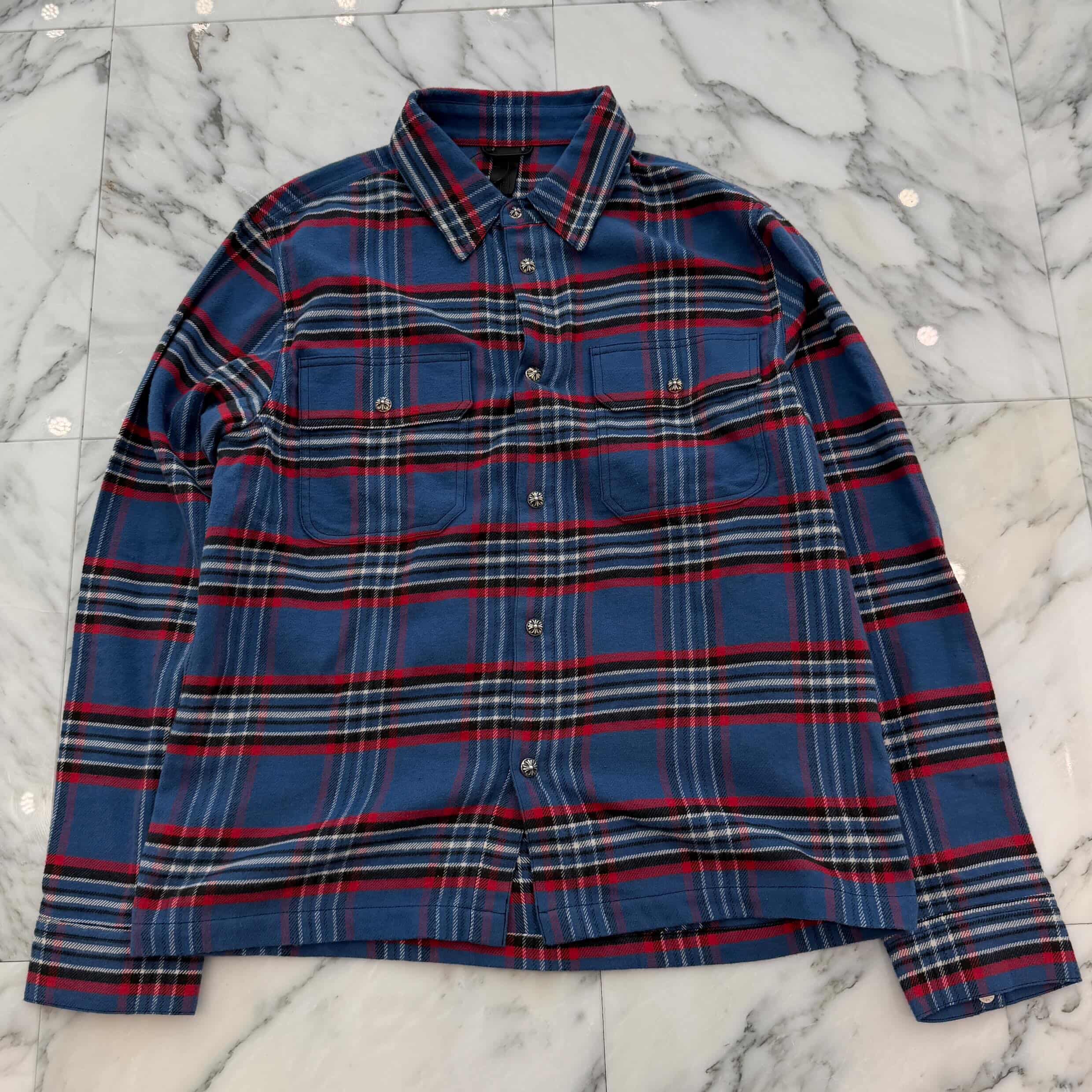 CHROME HEARTS Y NOT Cross Ball Button Check Shirt Size S クロムハーツ ワイ航空マイル クロスボールボタン 照合のしるしプルオーバー フランネルプルオーバー 綿ネルプルオーバー スナップボタン 青碧×赤いこと×米国海軍×白いこと 大きさS【260531】【新古品】