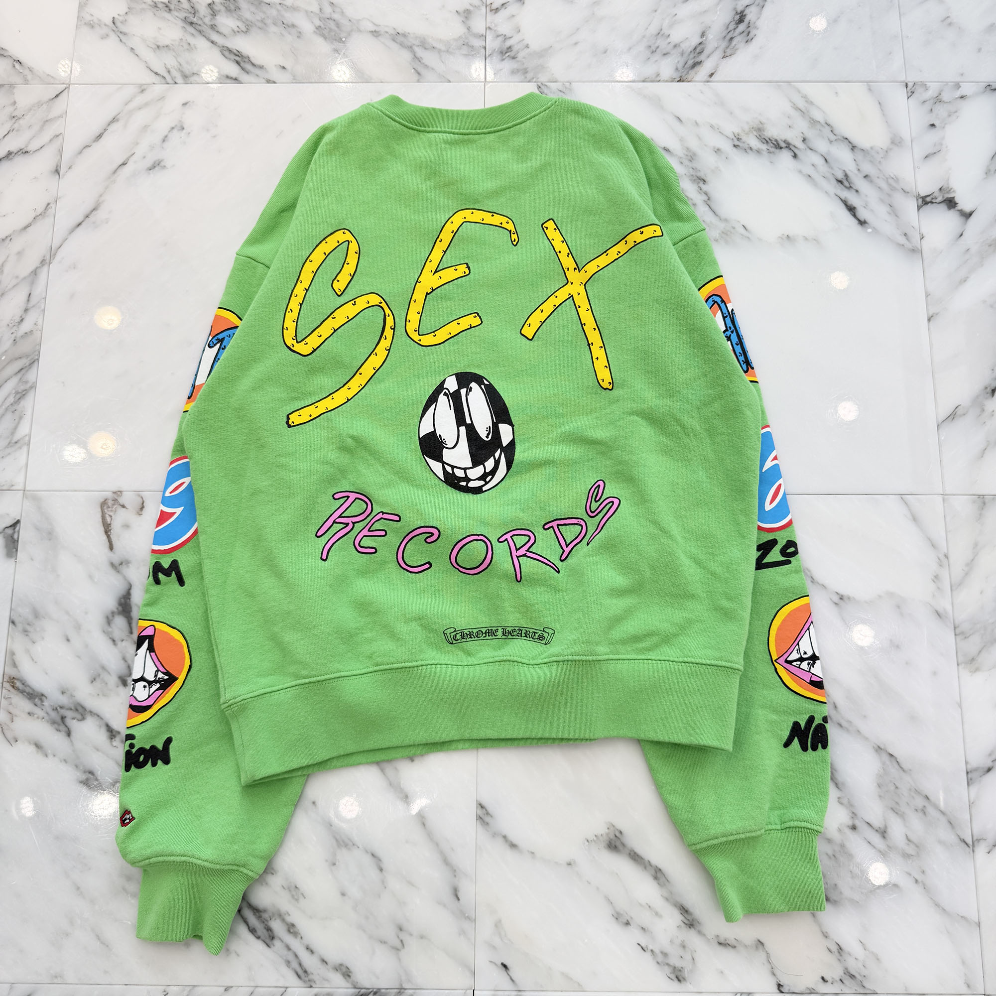 CHROME HEARTS × MATTY BOY 2021AW PPO SEXRCD Sweat Shirt Size S クロムハーツ × マッティボーイ PPO セックスレコード スウェットシャツ トレーナー 袖プリント スクロールロゴ ライトグリーン サイズS【260513】【中古-B】|メメントスオンライン店