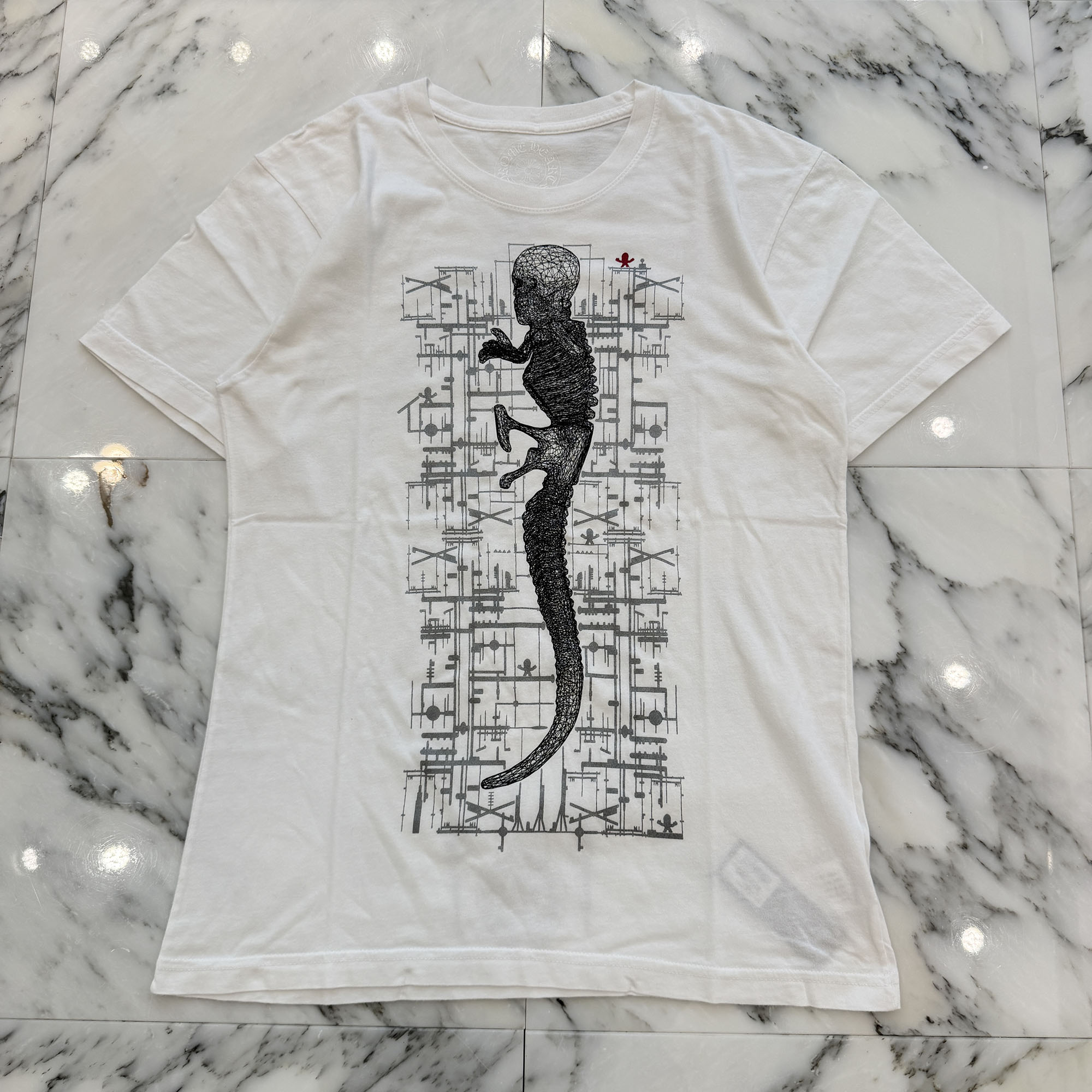 CHROME HEARTS FOTI JARVIS Schematic Print Tee Size M クロムハーツ ジャー螺旋釘 スキマティック 刷り上げる プルオーバー 半袖カットソー 鉄蹄 スカル主題 ジョーフォティ 白いこと×黒いこと 大きさM【260513】【中古-A】