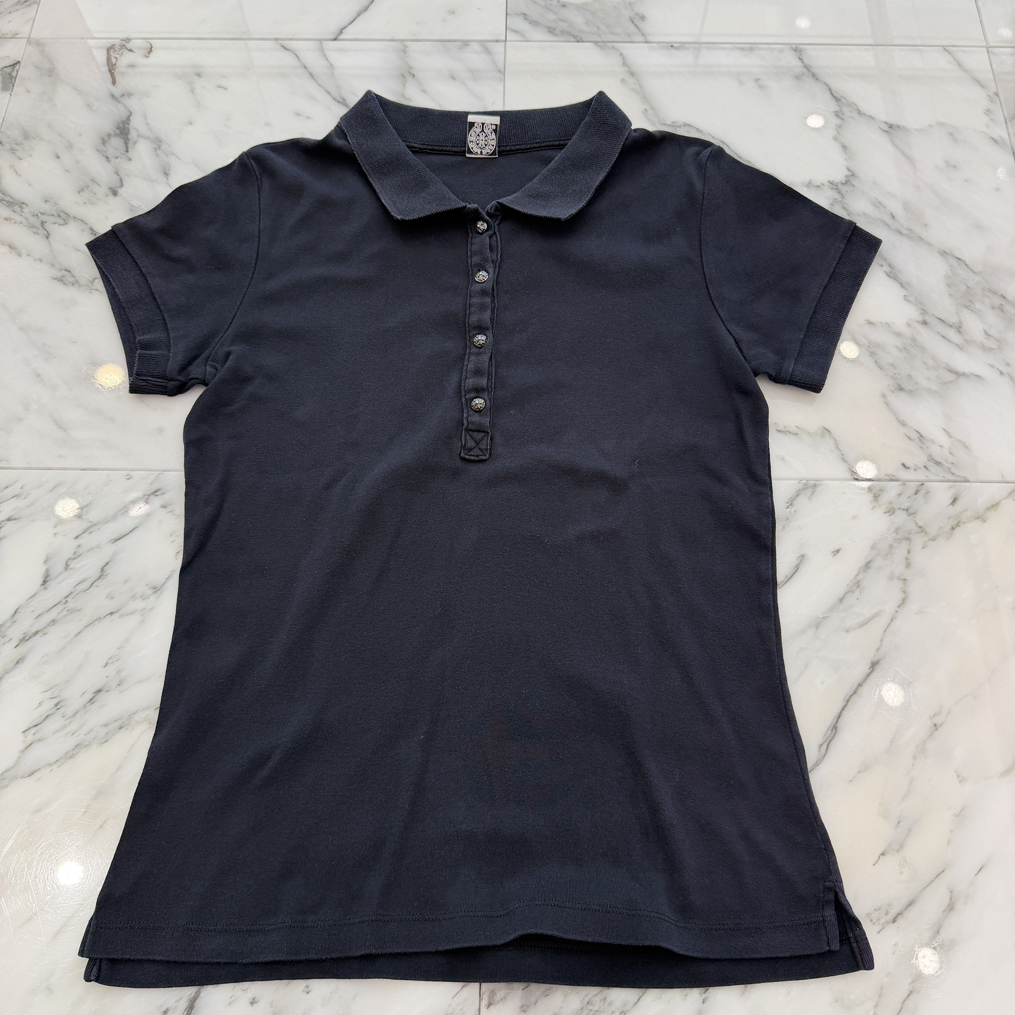 CHROME HEARTS Cross Ball Button Polo Shirt Size L クロムハーツ クロスボールボタン スポーツシャツ 半袖スポーツシャツ クロスボールボタン 年寄りのCr 裾細長い切口 米国海軍 大きさL【260530】【中古-B】