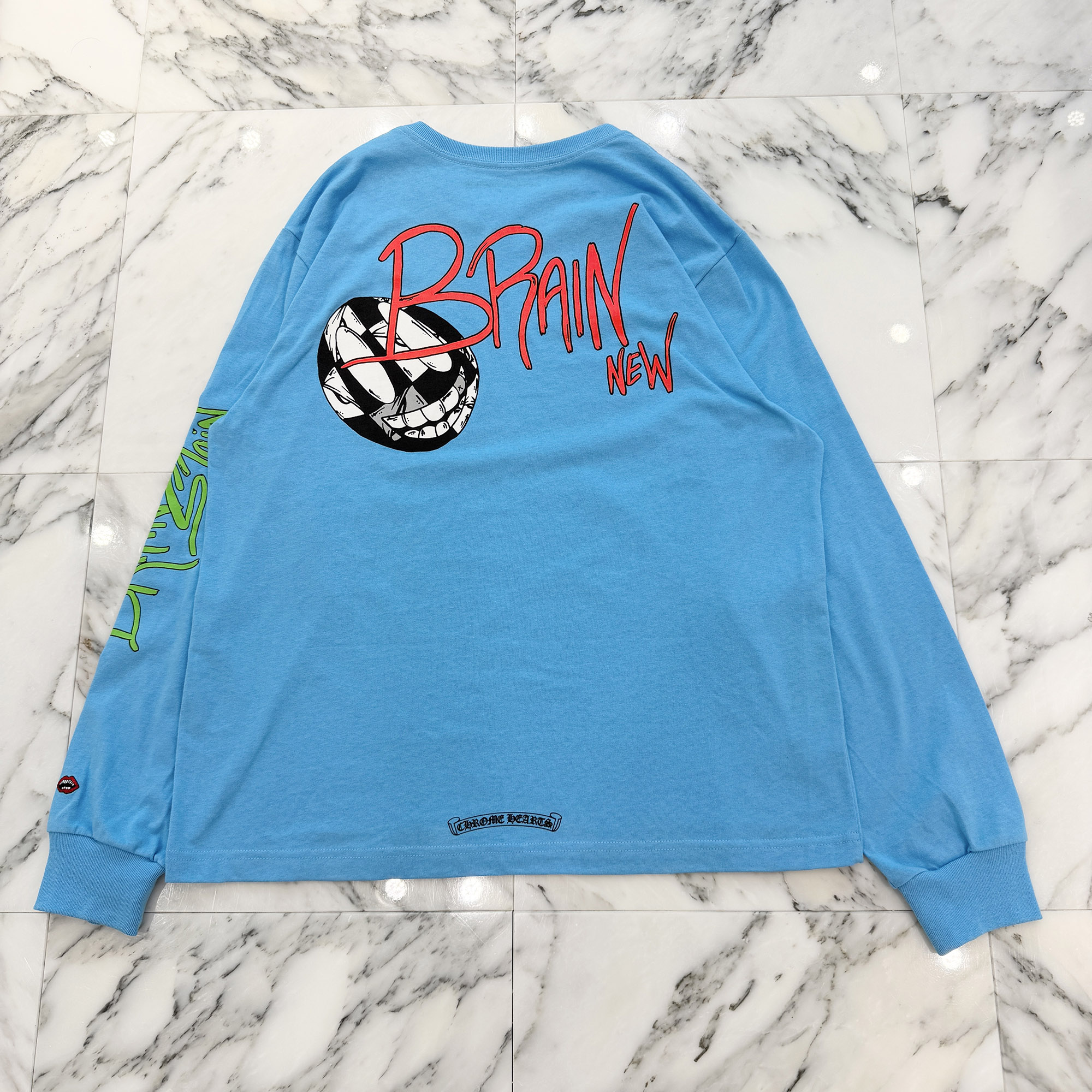 CHROME HEARTS × MATTY BOY 2024SS BRAIN NEW Long Sleeve Tee Size XL クロムハーツ × マッティボーイ ブレインニュー ロング捩りプルオーバー 長袖カットソー ロンT 胸衣嚢 スクロールロゴタイプ 点火装置青色 大きさXL【260602】【中古-B】