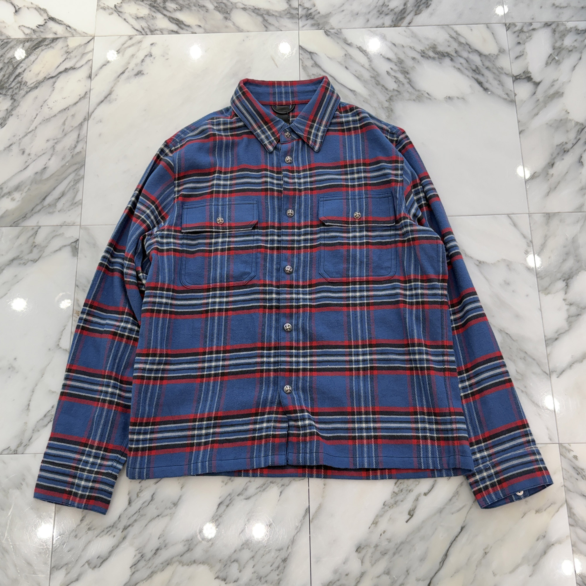 CHROME HEARTS Y NOT Cross Ball Button Check Shirt Size M クロムハーツ ワイ航空マイル クロスボールボタン 読み合わせるプルオーバー フランネルプルオーバー 綿ネルプルオーバー スナップボタン 青色×赤いこと×米国海軍×白いこと 大きさM【260610】【新古品】