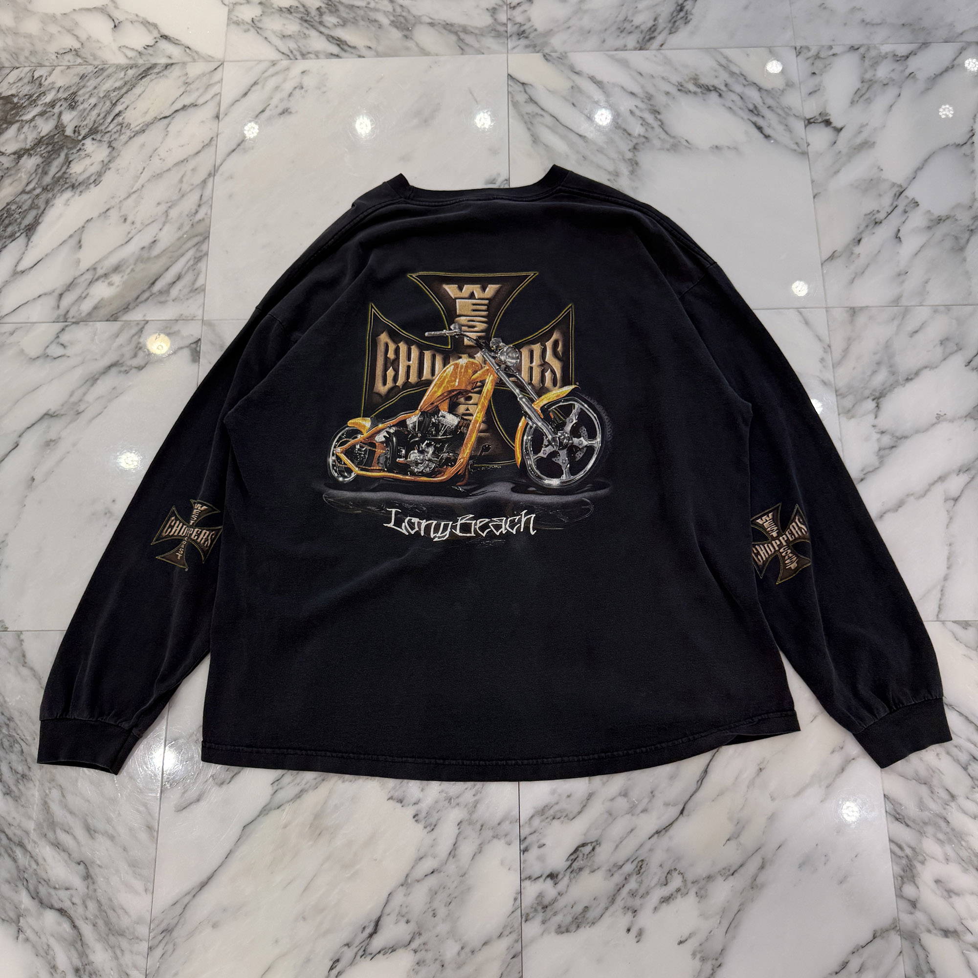 Vintage 00's West Coast Choppers "Long Beach Motorcycle" L/S Tee Size 3XL ヴィンテージ 00's ウェストコーストチョッパーズ "ロングビーチ・モーターサイクル" ロングスリーブ Tシャツ 長袖カットソー ヴィンテージTシャツ チャコール サイズ3XL【260624】【中古-A】｜メメントスオンライン店