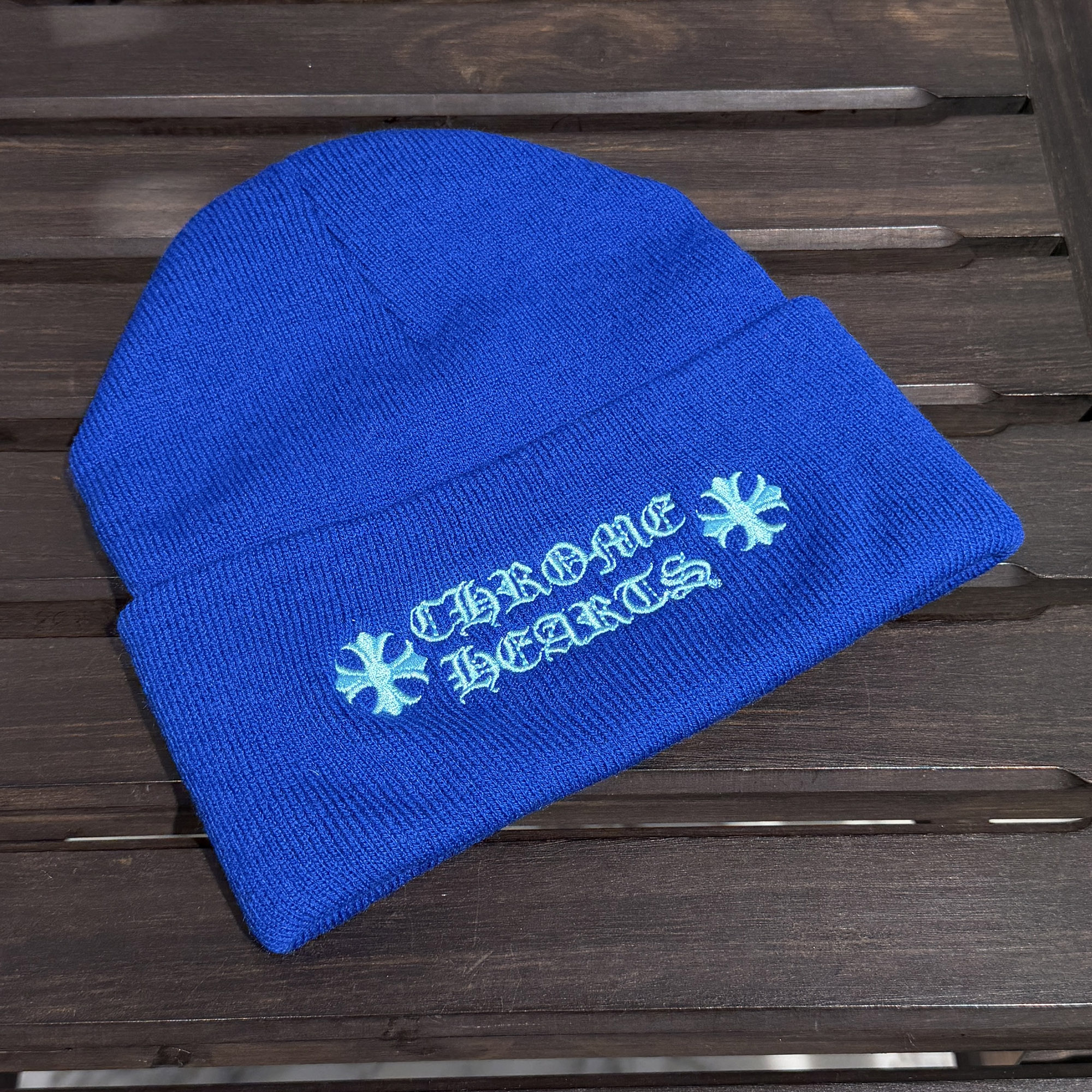 CHROME HEARTS WATCH CAP Size ONE SIZE (23cm) クロムハーツ ワッチキャップ ロゴビーニー ニットキャップ ニット帽 刺繍 ブルー&times;ライトブルー サイズONE SIZE (23cm)【260701】【中古-A】｜メメントスオンライン店