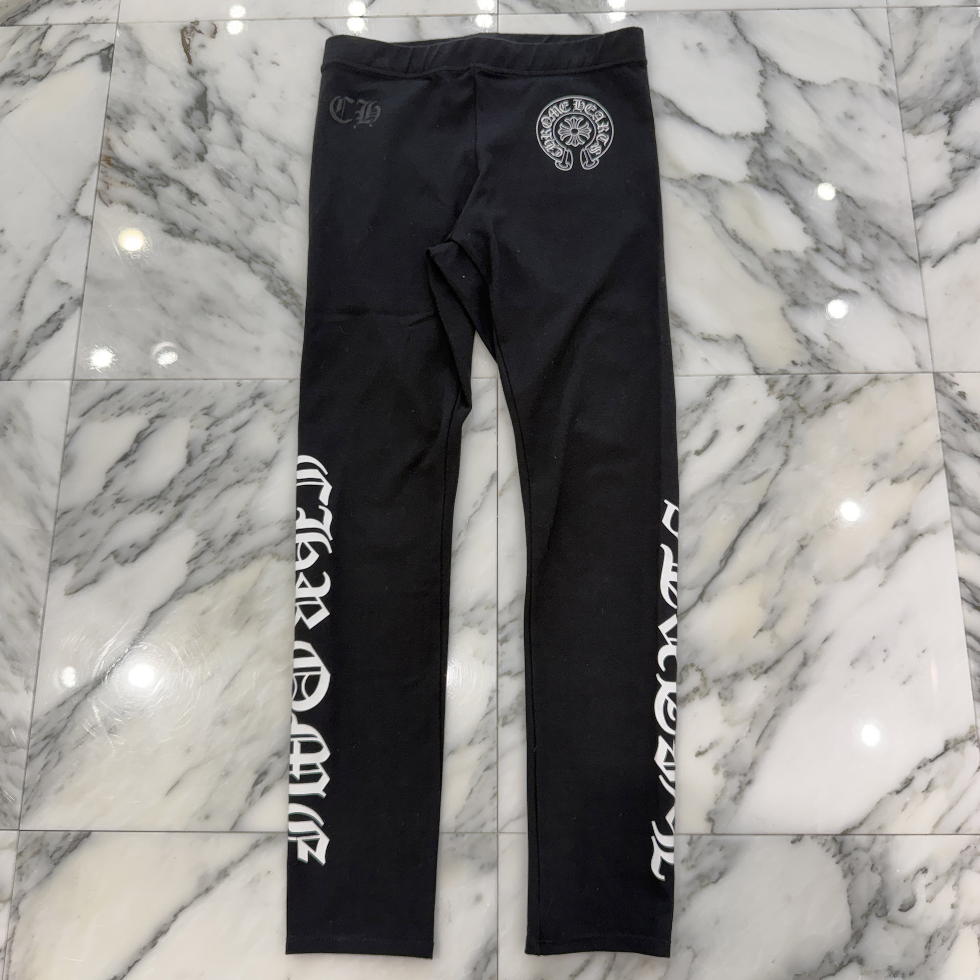 CHROME HEARTS Horseshoe Side Logo Sweat Leggings Size M クロムハーツ ホースシュー サイドロゴ レギンス スパッツ 裾スクロールロゴ サイドロゴプリント CHロゴ レディースクロム ブラック×ホワイト サイズM【260708】【中古-B】|メメントスオンライン店