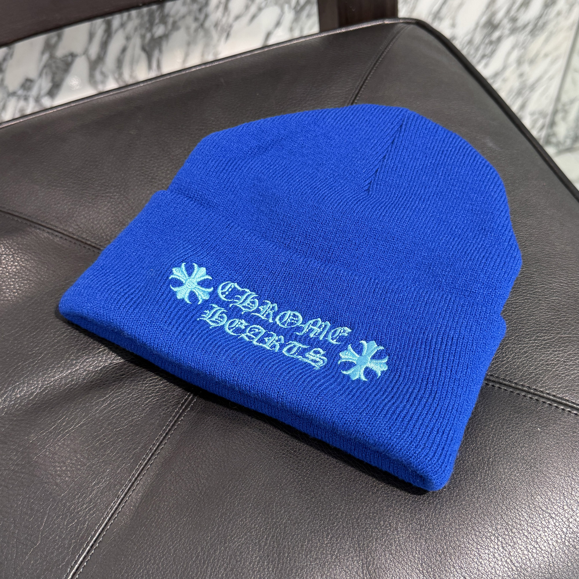 CHROME HEARTS WATCH CAP Size ONE SIZE (23cm) クロムハーツ ワッチキャップ ロゴビーニー ニットキャップ ニット帽 刺繍 ブルー&times;ライトブルー サイズONE SIZE (23cm)【260714】【中古-A】｜メメントスオンライン店