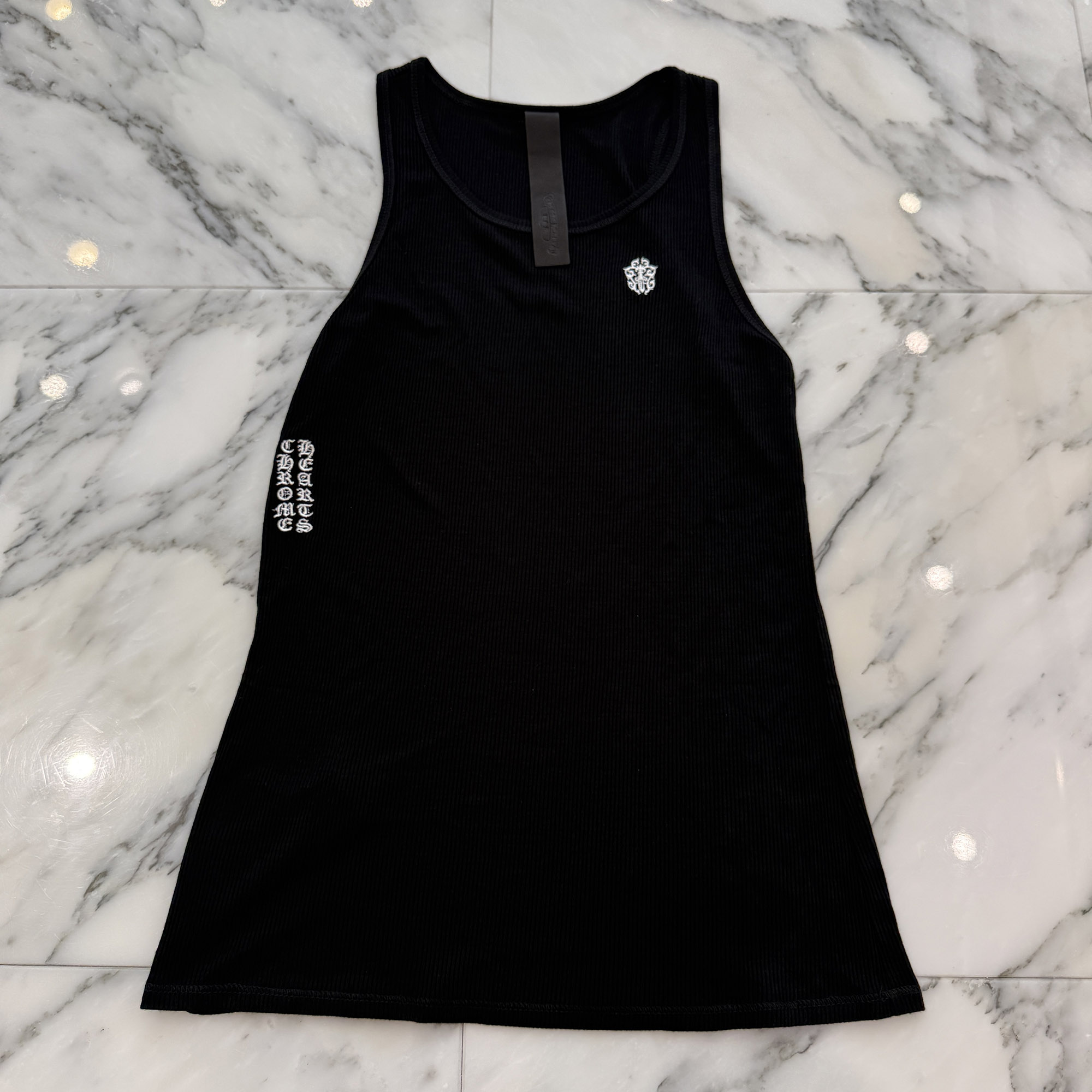 CHROME HEARTS Y NOT Vine Dagger Vertical Logo Tank Top Size S クロムハーツ ワイノット ヴァインダガー ヴァーティカルロゴ タンクトップ ノースリーブ ロゴ刺繍 シルク混 レディースクロム ブラック&times;ホワイト サイズS【260714】【中古-A】｜メメントスオンライン店