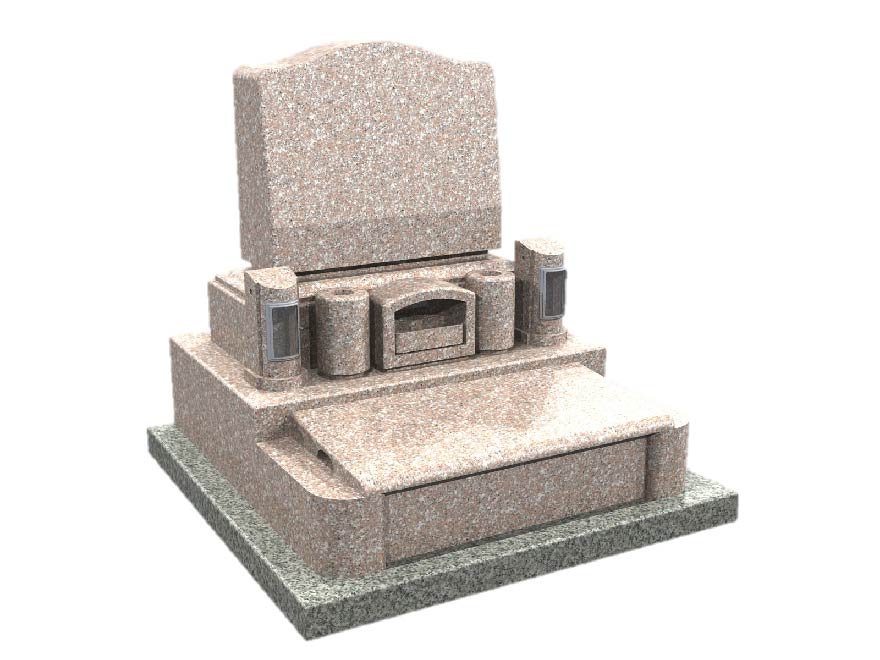 最も信頼できる 洋型墓石 プレミアム型C 外枠囲い石付き 墓誌付きセット 特級赤御影石 チェリーピンク 文字彫刻付き 納骨室付き 付属品付き
