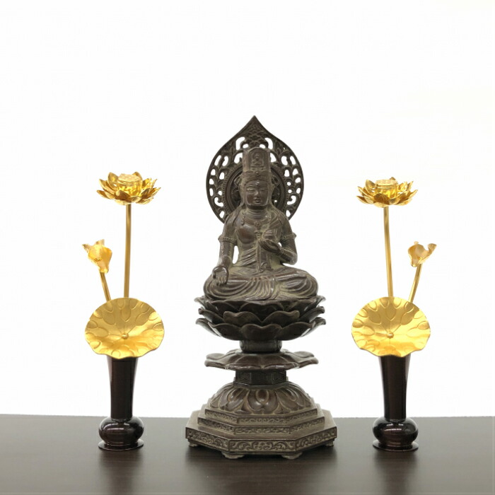 仏像 本尊【お守り本尊阿弥陀如来古美茶と豆常花セット】高岡仏具・高岡銅器・仏像・送料無料守り本尊 八体仏 高さ15cm 日本製 天台宗 真言宗 浄土宗 禅宗 日蓮宗