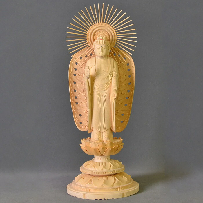 浄土真宗本願寺派 西本願寺 仏像【白木 西立弥陀 放射光背 丸台座】3.5寸 4.0寸 4.5寸 5.0寸 お西さん 阿弥陀如来 西型 立像 ご本尊 木彫 木製 彫刻|メモリアル仏壇