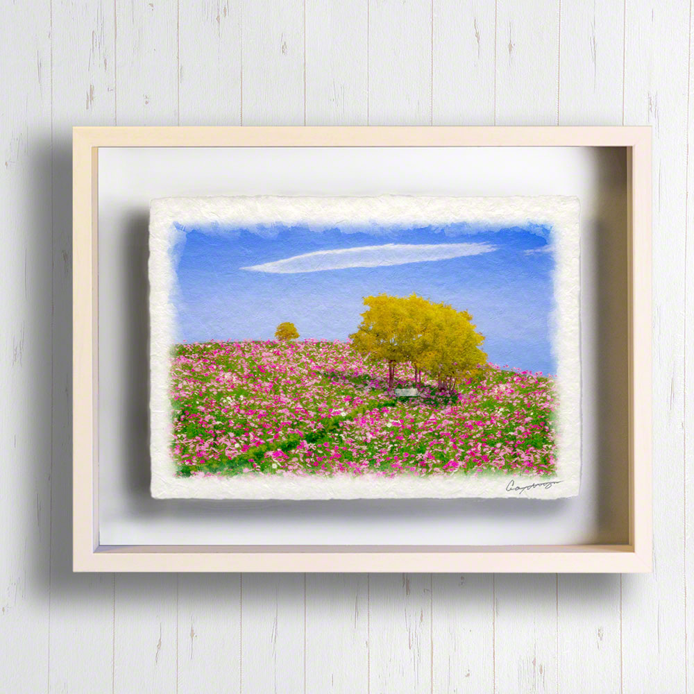 代引き手数料無料 和紙 アート フレーム 木 花 ピンク 秋 秋の空とコスモスの丘の木立と白いベンチ 63x51cm 風水 玄関 絵 絵画 インテリア おしゃれ 壁掛け 壁飾り アートパネル モダン 風景画 ポスター 速達メール便 Catbond Com