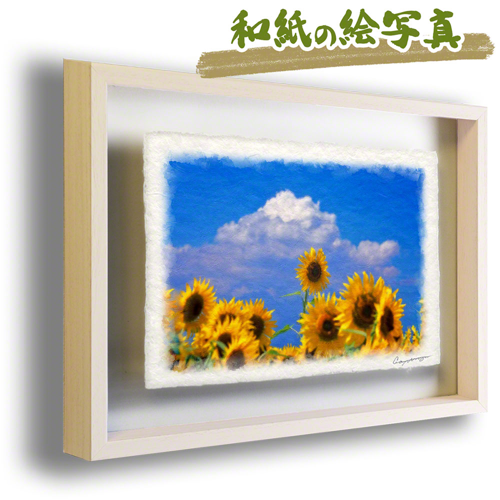 和紙 アート フレーム 38x27cm 夏 花 黄色 入道雲と顔を出したひまわり 黄色い 絵画