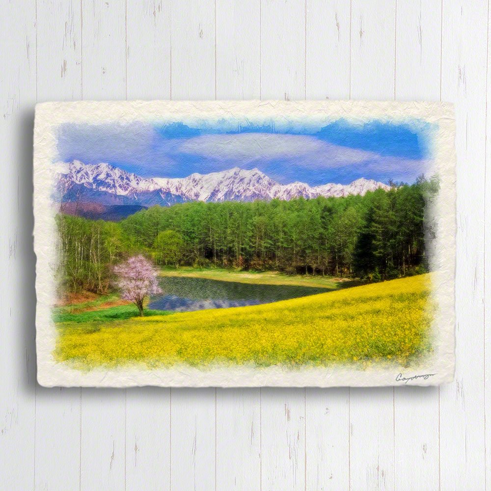 和紙 アートパネル 花 春 黄色 菜の花と山桜と残雪の山と池 48x33cm 絵 絵画 インテリア おしゃれ 玄関 リビング 部屋 絵画 インテリア 壁掛け 絵画 壁掛け 絵画 風景画 自然 景色 septicin Com