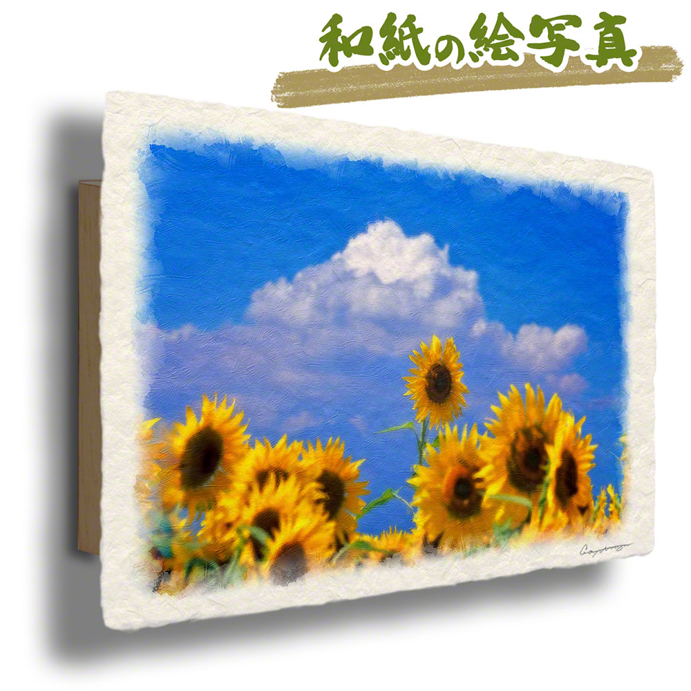 和紙 アートパネル 48x33cm 花 夏 黄色 入道雲と顔を出したひまわり 黄色い 絵画