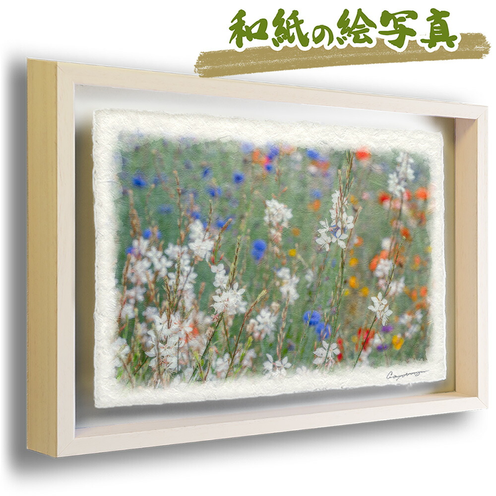 和紙 アート フレーム 31x23cm 花 春 白 若緑の中のハクチョウソウ 絵画 額入り 油絵 風景画 本日の目玉