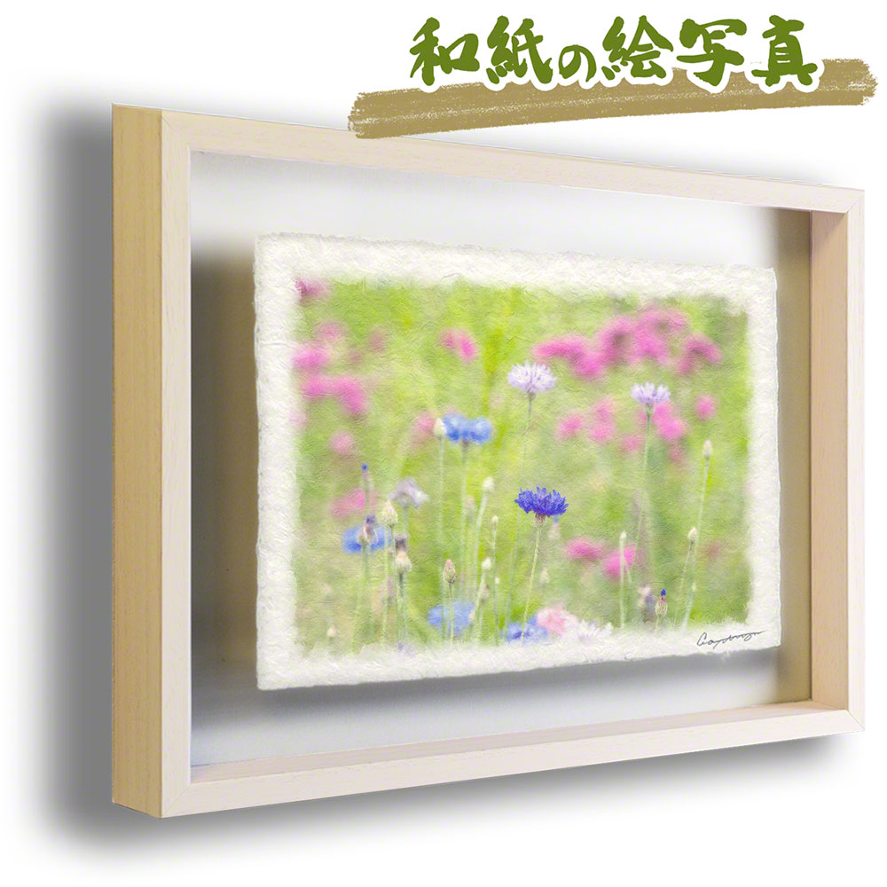 青 アート 春 インテリア 壁掛け Naturalmemories絵画のような写真のような優しい風合い 風景のグラフィックアートを和紙にプリントして額縁に アート 和紙 風景画 フレーム x63cm インテリアアート 青 花 緑の中のヤグルマギク 春 おしゃれ 絵画