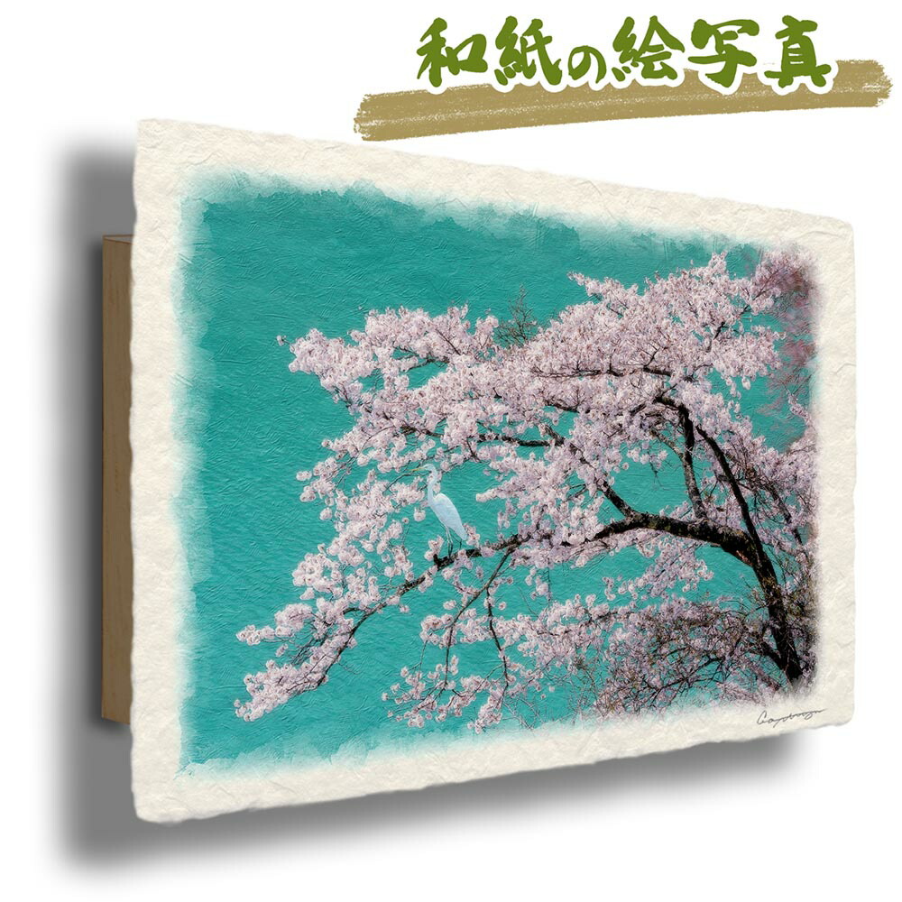 玄関に飾ると運気が上がる絵画 和紙の絵写真 「白鷺とコバルトブルーの湖面と桜の木」 風水 絵画 玄関 おすすめ 玄関 絵 開運 金運 インテリア 絵 アートパネル 風景画 おしゃれ 壁掛け トイレに飾る絵 花の絵 春 川 湖 ピンク|玄関に飾る風水絵画 アートセピア