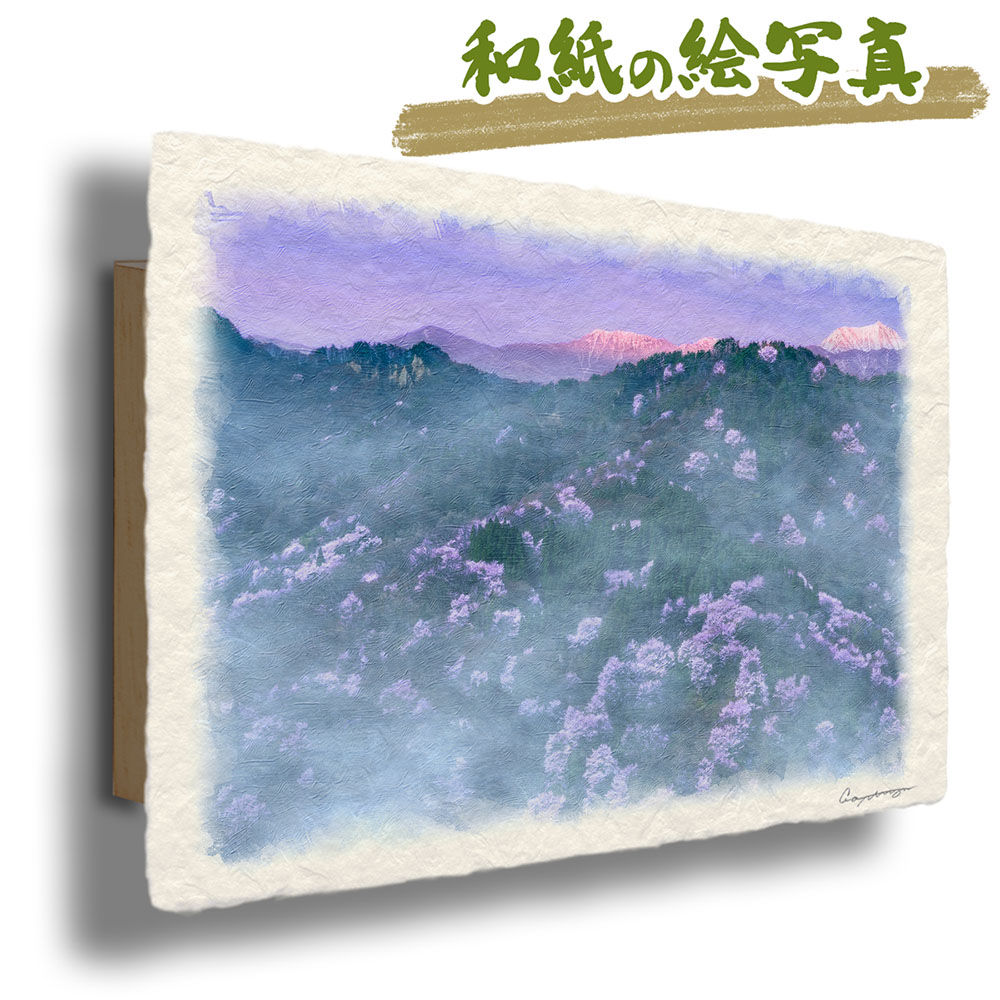 絵 風水 絵画 玄関 おすすめ 運気が上がる絵 インテリア アートパネル 風景画 おしゃれ 開運 金運 トイレ 玄関 に 飾る 絵 画 壁掛け 花 春 ピンク 花の絵 山の絵 和紙の絵写真 「朝霧の山桜と朝日の当たる残雪の山」