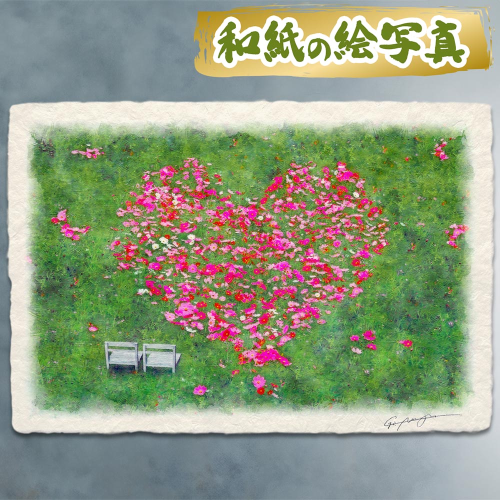 玄関に飾ると運気が上がる絵画 和紙の絵写真 「ハートのコスモスの花畑と白い椅子」 風水 絵画 玄関 おすすめ 玄関 絵 開運 金運 インテリア 絵 アートパネル 風景画 おしゃれ 壁掛け トイレに飾る絵 花 秋 ピンク 花の絵 結婚祝い|玄関に飾る風水絵画 アートセピア