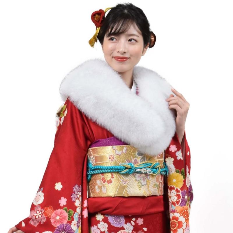 [&sect;Ｈ&infin;Ｈａｙａｓｈｉｇｕｃｈｉ] [ハヤシグチ] 日本製 成人式 ショール ブルー フォックス 振袖 着物 和装 ファー ストール 化粧箱付き (FS0046)｜メモリーショップ