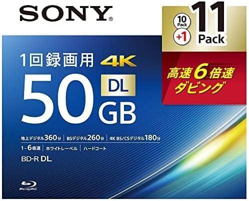 ソニー(SONY) ブルーレイディスク BD-R DL 50GB (1枚あたり地デジ約6時間) 1回録画用 10枚 + 1枚 11枚入り 6倍速ダビング対応 ケース付属 11BNR2VMPS6｜メモリーショップ