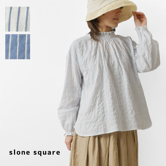 *【10%OFFクーポン対象商品】【slone square スロンスクエア】ストライプ スタンドフリルネック ブラウス (48078)レディース 春 夏 秋 冬 長袖 薄手 ナチュラル 服 おしゃれ 華やか 大人可愛い きれいめ カジュアル ゆったり 60代 50代 40代 30代 日本製 コットン|MATILDA(マチルダ)