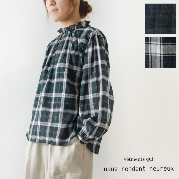 ＊【最大3000円OFFクーポン】【nous rendent heureux ヌーランドオロー】タータンチェック 衿フリルギャザー ブラウス (821032)レディース シャツ 長袖 日本製 春 秋 冬 slone square スロンスクエア 服 ナチュラル おしゃれ  30代 40代 50代 60代