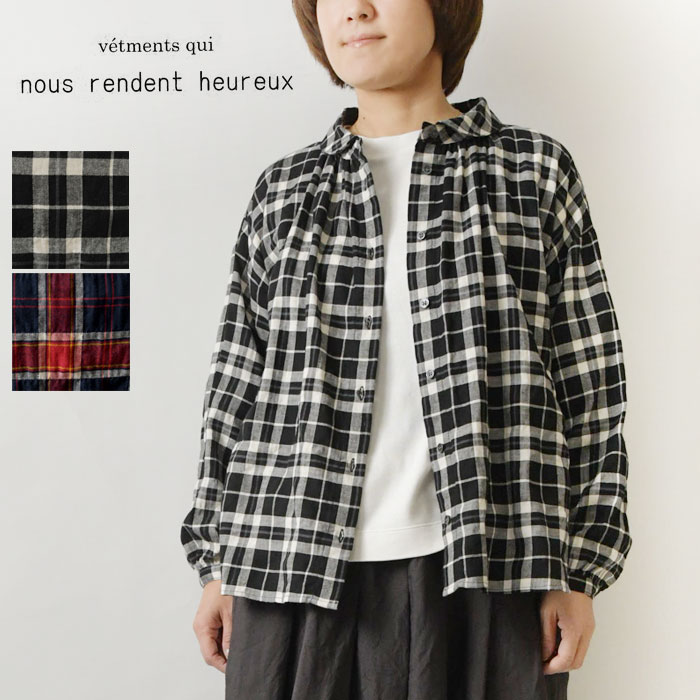 ＊【10%OFFクーポン対象商品】【nous rendent heureux ヌーランドオロー】ヘリンボーン チェック 丸衿 ビッグ ブラウス (825087) レディース 春 夏 秋 シャツ 羽織り ゆったり ナチュラル 服 新作 人気 30代 40代 50代 60代 slone square スロンスクエア