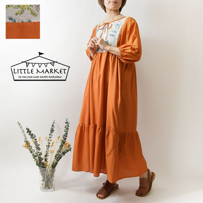 ＊【最大3000円OFFクーポン】【LITTLE MARKET リトルマーケット】コットン スクレフラワー ドッキング ワンピース (s4900-605-17) レディース 春 夏 フレア ワイド Aライン インド綿 花柄 ナチュラル 服 シンプル おしゃれ コーディネート 人気 30代 40代 50代 60代