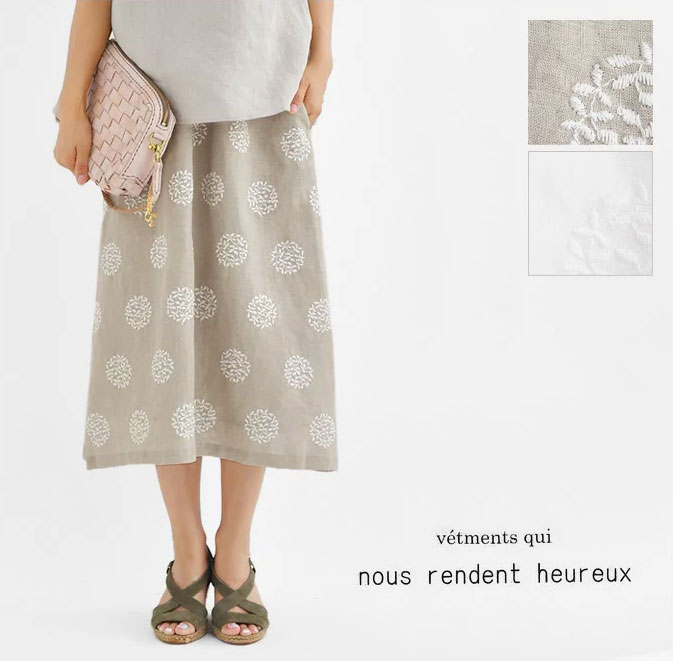 *【10%OFFクーポン対象商品】【nous rendent heureux ヌーランドオロー】リネン リーフ柄 刺繍 Aライン スカート(817342)slone square スロンスクエア レディース 麻 ナチュラル 服 シンプル おしゃれ 60代 50代 40代 30代 人気 ゆったり ミモレ|MATILDA(マチルダ)