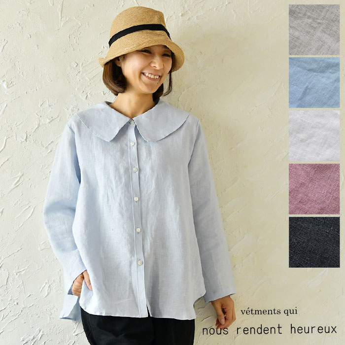 ＊【10%OFFクーポン対象商品】【nous rendent heureux ヌーランドオロー】リネン ビッグ カラー フレアー ブラウス(819088) レディース slone square スロンスクエア 長袖 シャツ 麻 春 夏 秋 冬 ナチュラル 服 おしゃれ 30代 40代 50代 60代 ゆったり