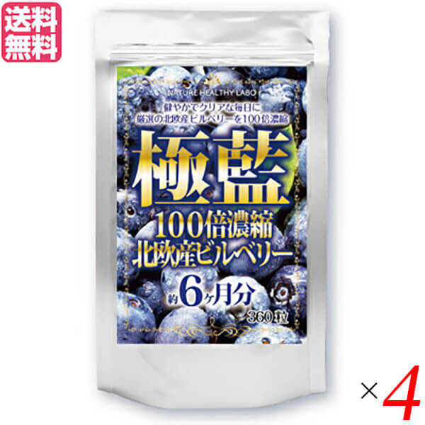 【マラソン限定！100円クーポン】ビルベリー ルテイン サプリ 極藍100倍濃縮北欧産ビルベリー 大容量 360粒 約6ヵ月分 4個セット 送料無料
